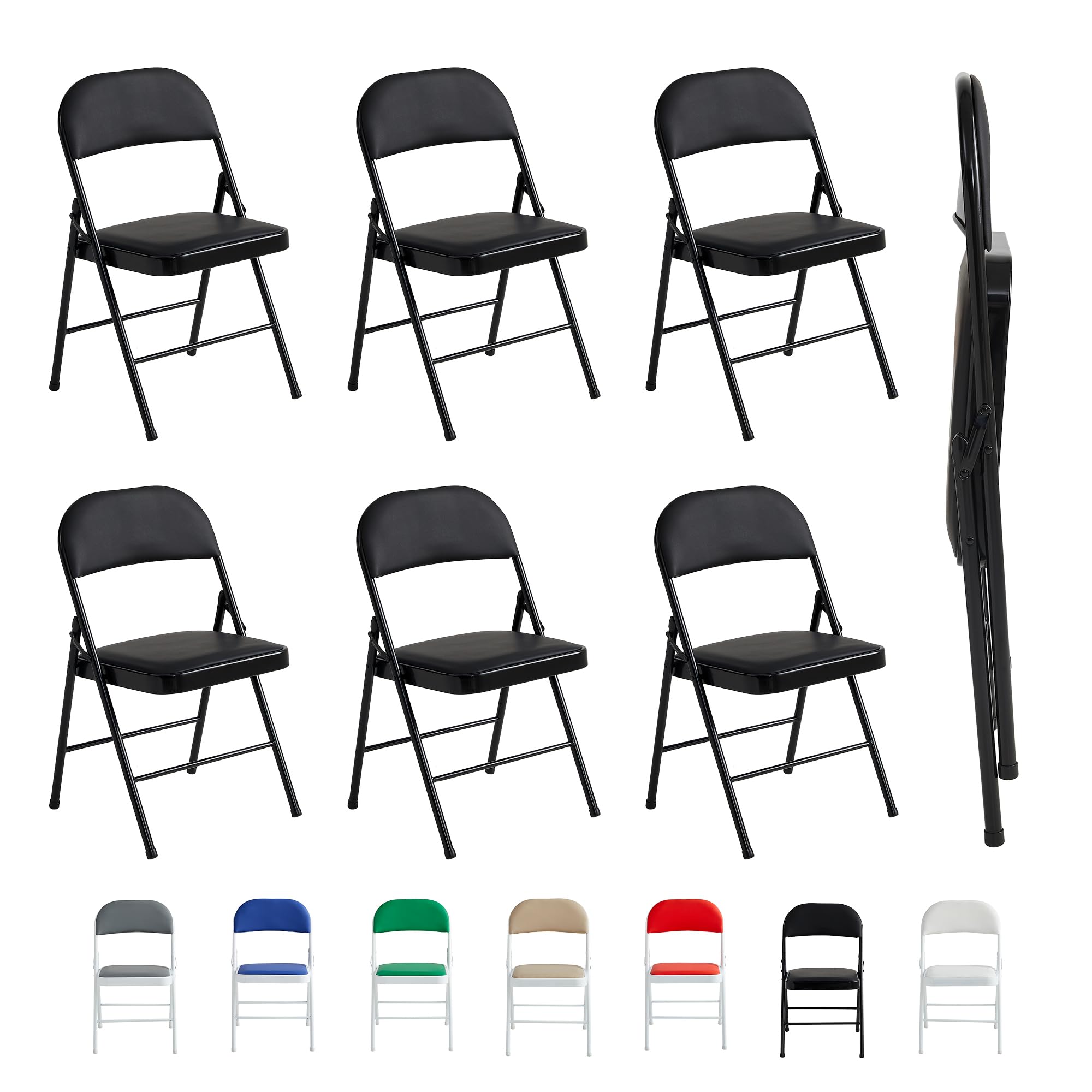 mcc direct Folding Chairs, Faux Leather Foldable Chairs with Metal Frame and Padded Seat, Easy to Fold and Store for Home, Office, Dining and Reception Set of 6 (Black)