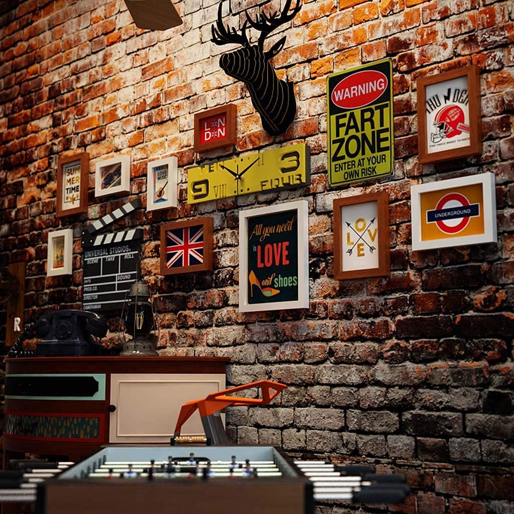 Ensemble mural photo style industriel cadres photo combinés horloge blanche