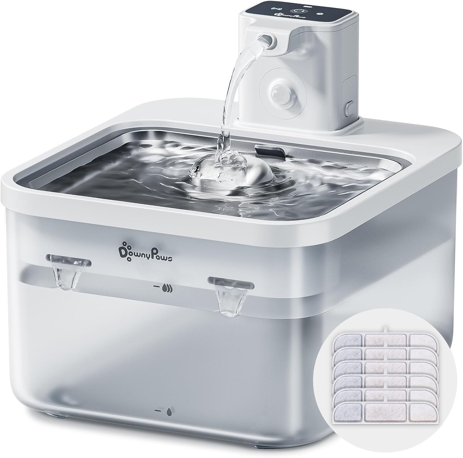 DownyPaws White Stainless Steel Cat Water Fountain Battery Operated Wireless with 6pcs Filter Replacement for 3 Months