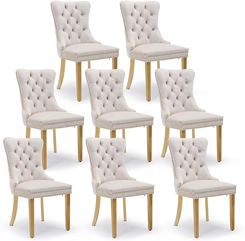 Miniatura 36 de Juego de 6 sillas de comedor de terciopelo, sillas de comedor tapizadas acolchadas con ribete de tachuelas y patas de madera maciza para cocina,