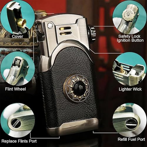 Miniatura 2 de Encendedor de cuero con llama suave, estilo antiguo, recargable, vintage, para regalo de colección (negro)
