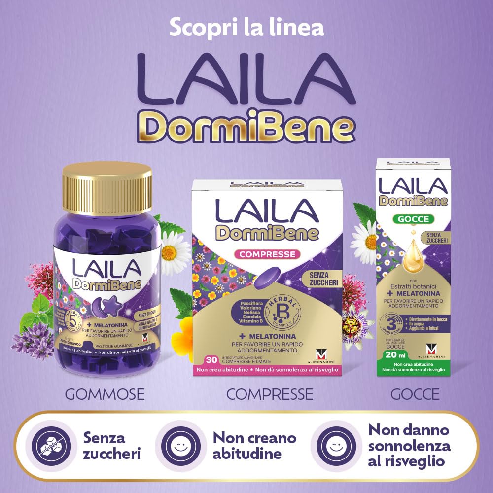 Laila DormiBene Integratore alimentare per il sonno a base di Herbal 5 Complex e Melatonina per favorire un rapido addormentamento. Confezione da 60 pastiglie gommose. Senza zuccheri