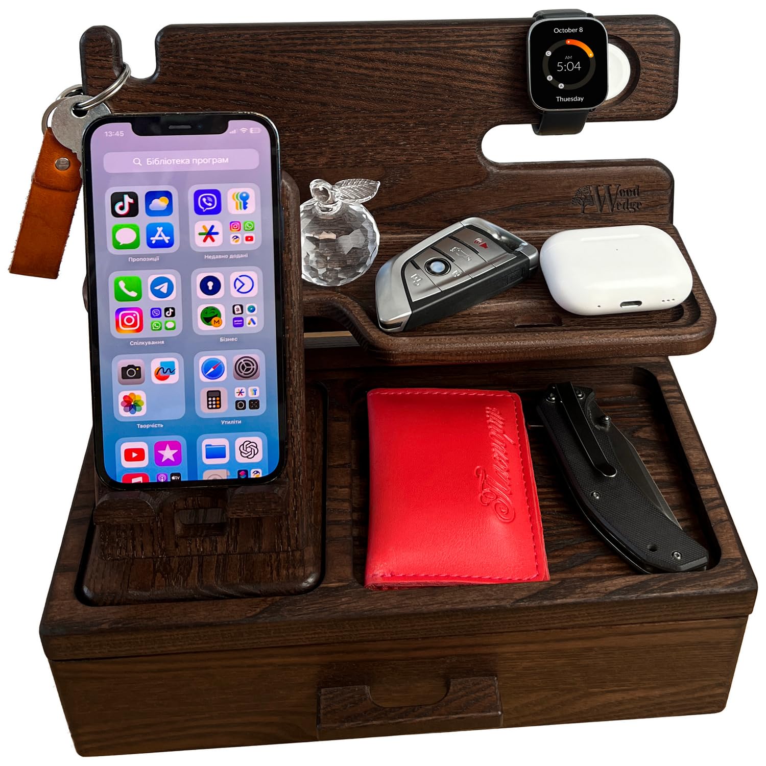 Wood Wedge Handgefertigte Holz Dockingstation – Nachttisch & Schreibtisch Organizer mit Handyhalter & Schublade – Geschenk für Männer & Frauen