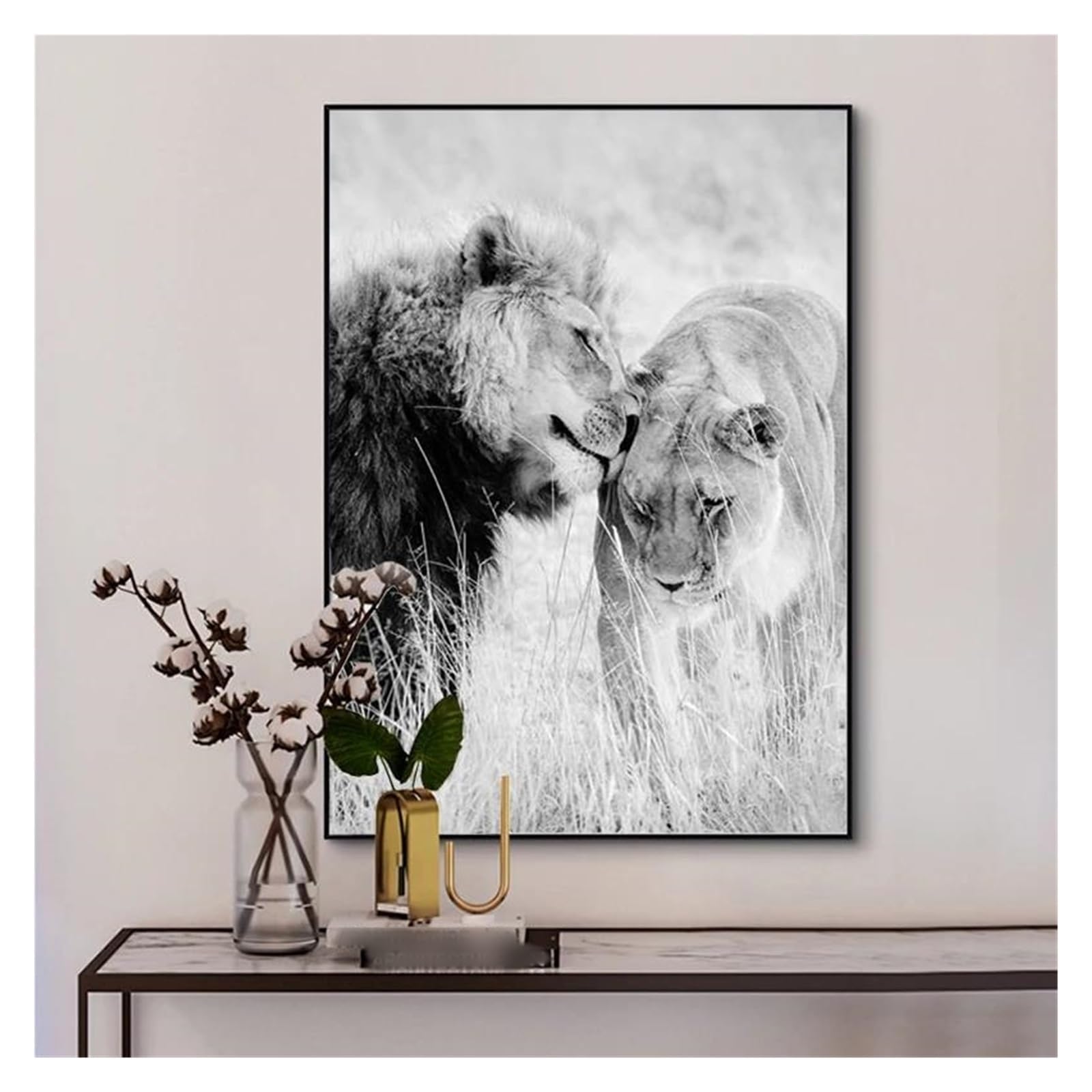 Tableau lion et léopard noir et blanc XENITE 20x35cm sans cadre pour salon