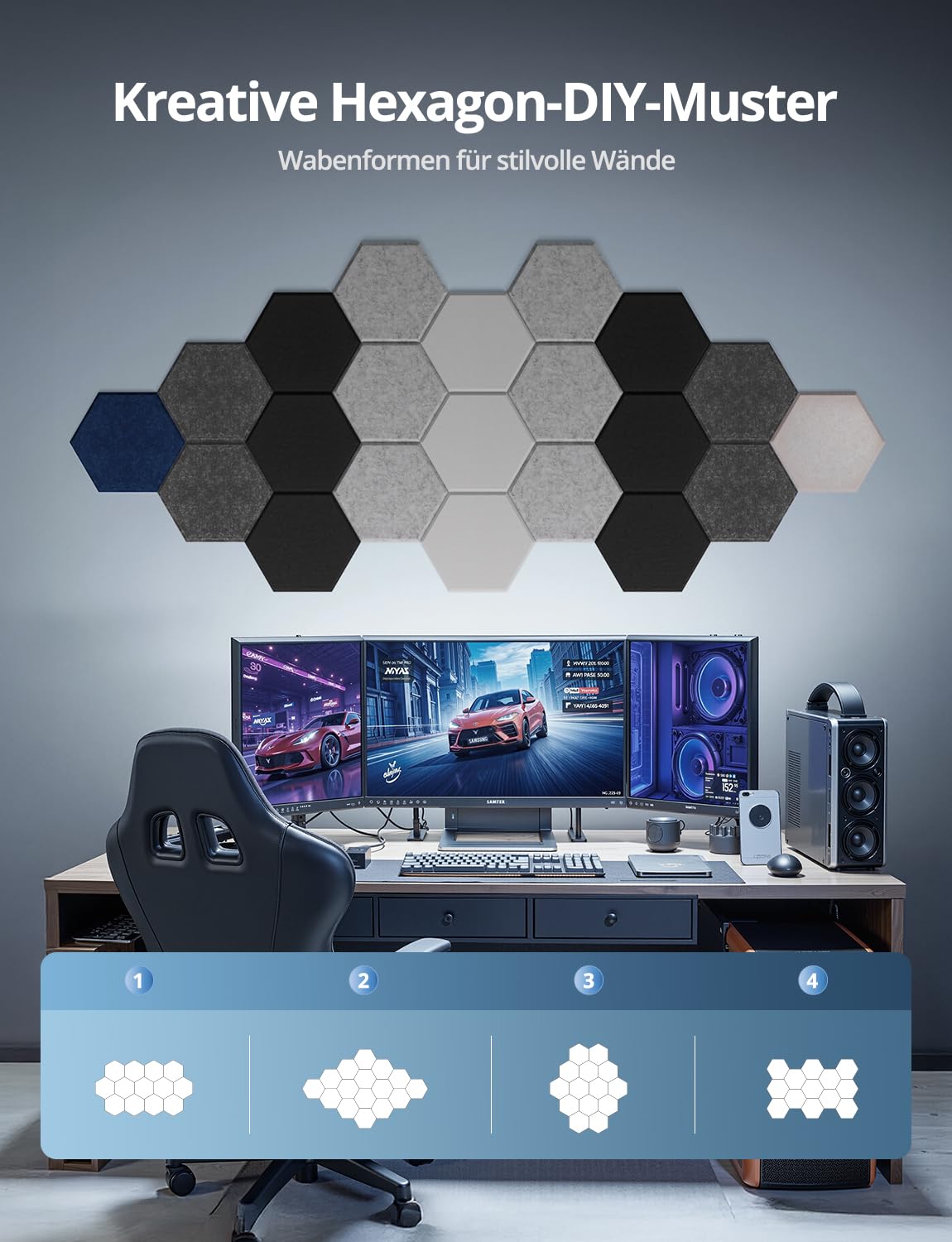 Kuchoow Hexagon Akustikplatten selbstklebend Schallabsorber Wand, 12 Stück Akustikpaneele Filz Akustik Absorber für Studio, Gaming, Büro, Decke, Tür, Kinderzimmer, Wohnzimmer, 30x26x0,9 cm, Schwarz