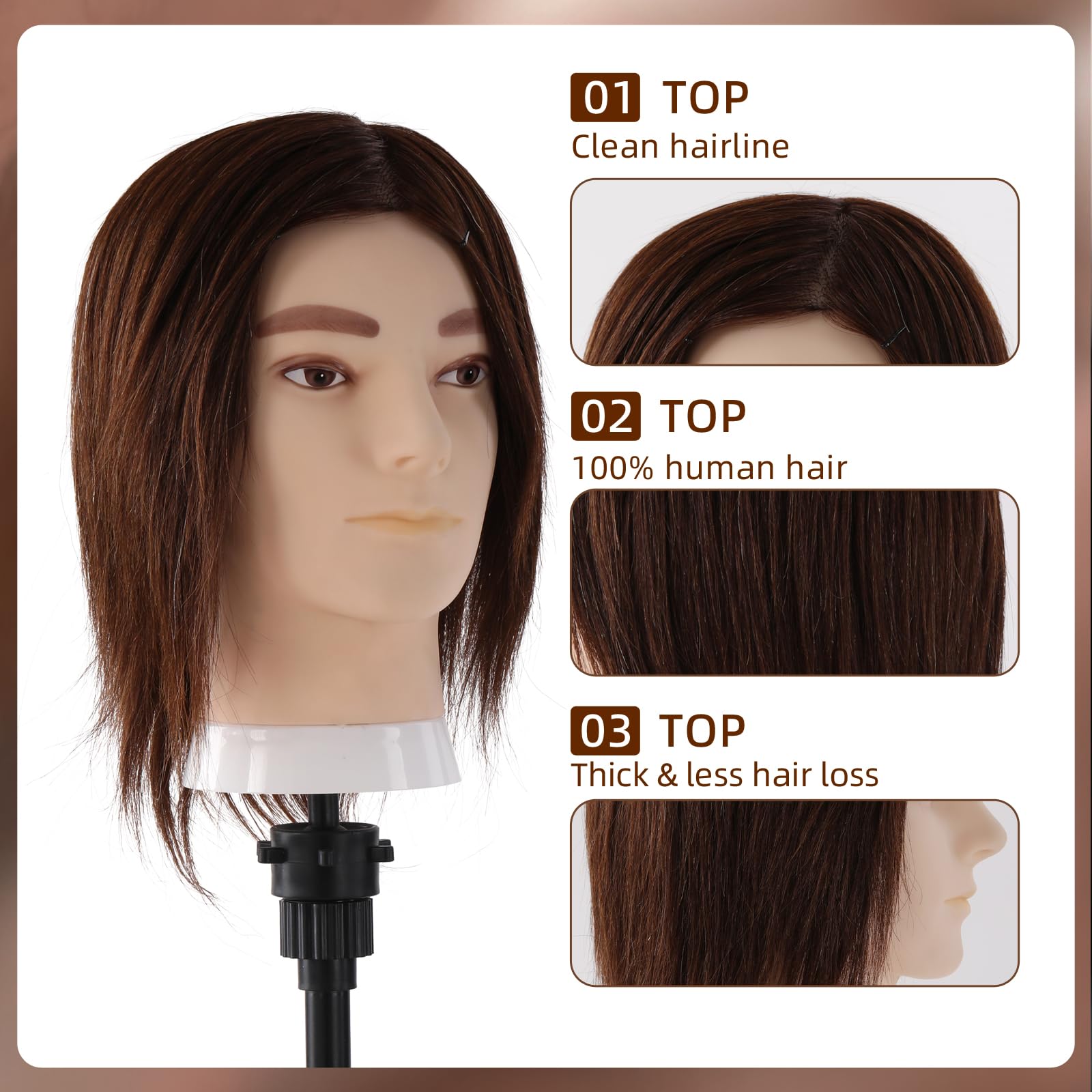 Cabeza Maniqui Peluqueria Hombre Pelo Natural 100%, Uomo Práctica Cabeza Peluquero de Entrenamiento Maniquí para Estudio Profesional en la Cosmetología con Soporte