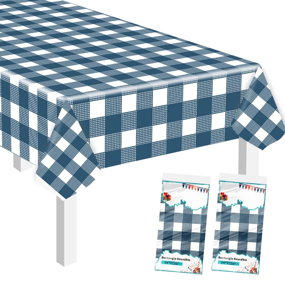 SietDESEO 2 Pack Blue and White Checkered Tablecloth 54 x 108 Blue Gingham Table Cloth Premium Disposable Plastic Picnic Table Cover for Party Birthday Wedding Rectangle Buffalo Plaid Tablecloth