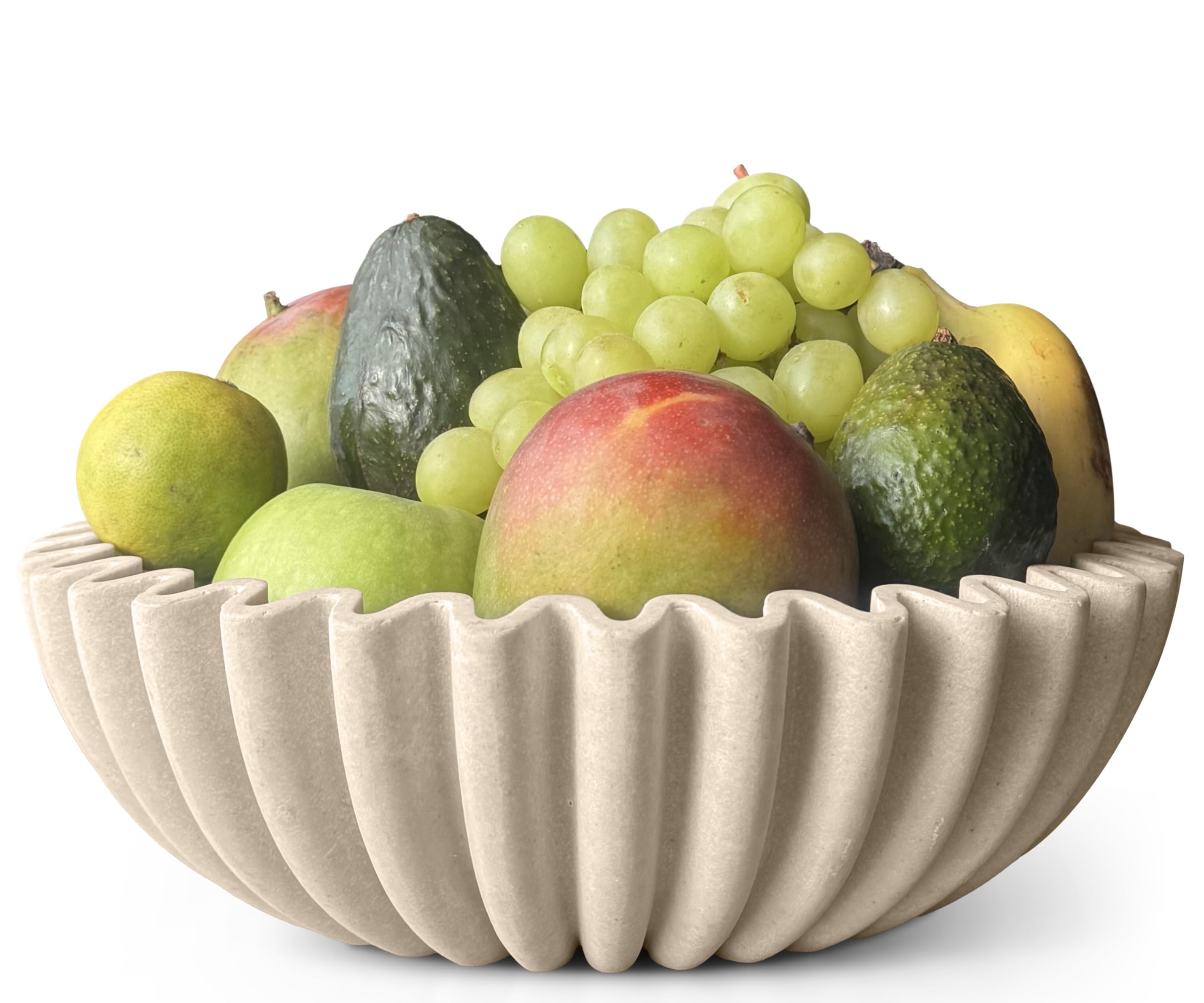 Photo 1 of 12" Extra Large Decorative Bowl – Decorative Fruit Bowl for Kitchen Counter, Modern Handmade Bowls for Home Decor, Ruffle Decor, Stylish Key Bowl for Entryway Table, Beige Artificial Stone