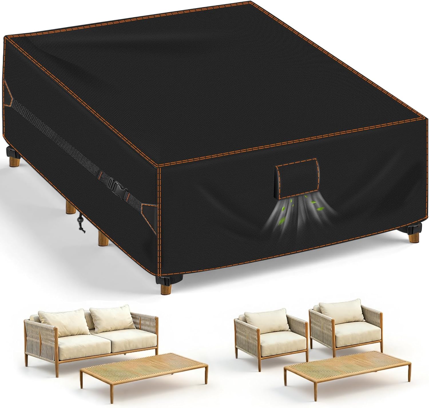 SUNICO Patio Furniture Set Cover 60" W x 60" D x 28" H, 420D Waterproof Outdoor Furniture Cover Fit Patio Furniture Outdoor Loveseat or 2 Chairs and Table Set, Triple Windproof and Anti-UV, Black