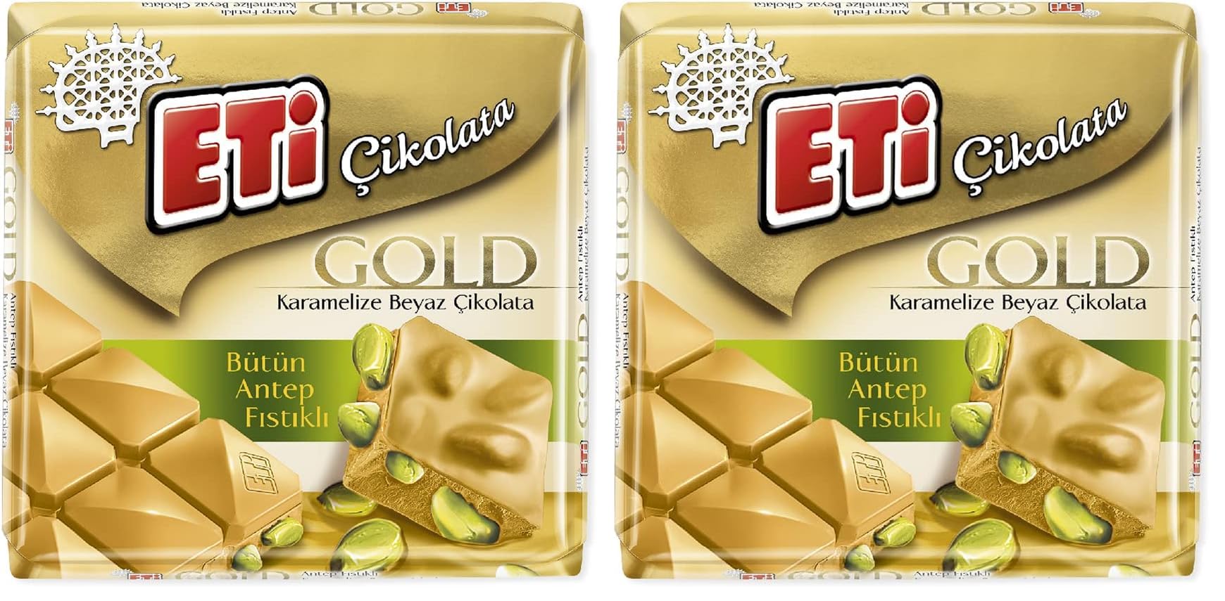 Eti Gold Antep Fıstıklı Karamelize Beyaz Kare Çikolata 60 g (2 paketi)