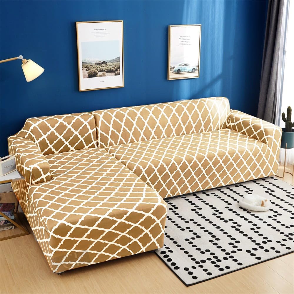 gifts island® universal sectional 180 gsm sofa covers l - shape slipcover 2pcs non-slip sticky elastic stretchable l-type chaise slipcover protector, beige diamond