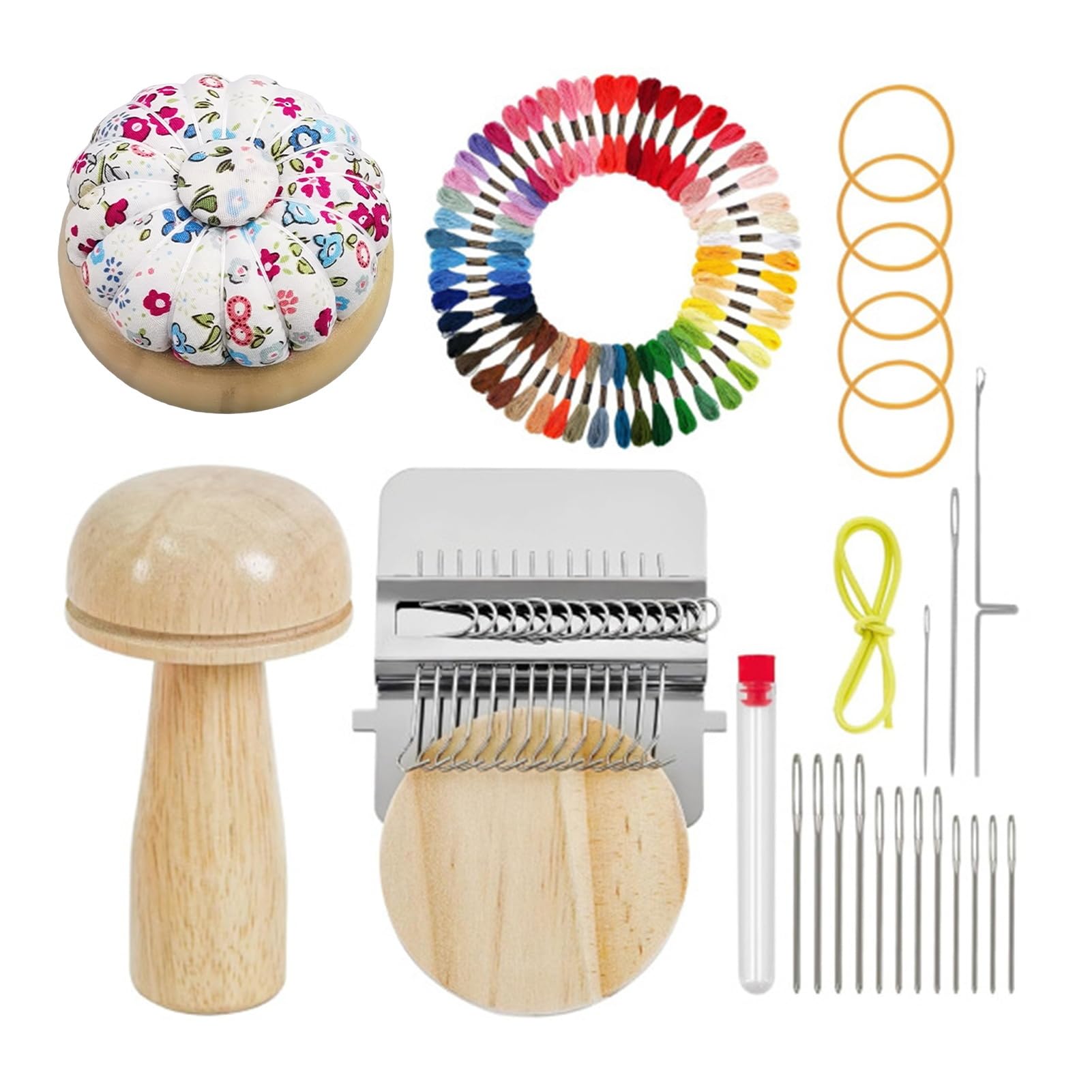 matumou Mini Darning Loom Kit Wooden Darning Mushroom Knit Patch Maker Kit Weaving Loom with 50 Color Threads Large Eye Needles for