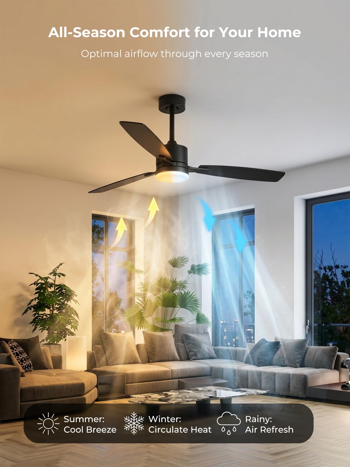 Deckenventilator mit Beleuchtung 132 cm, Leiser DC-Motor, 30W LED Dimmbar, App & Fernbedienung, Holz-Flügel Wendebar, Deckenlampe mit Ventilator für Schlafzimmer & Wohnzimmer, Schwarz