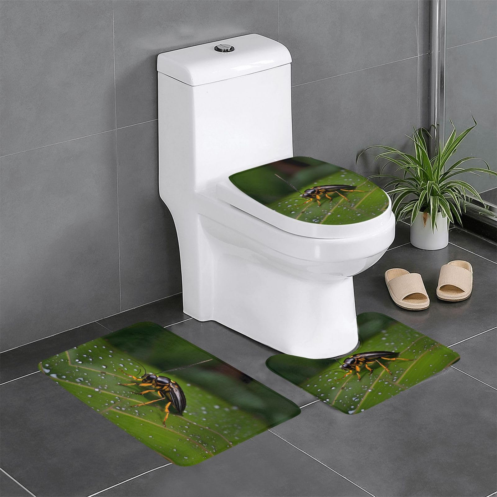 Tapis de salle de bain antidérapant lot de 3 absorption rapide motif feuilles et insectes