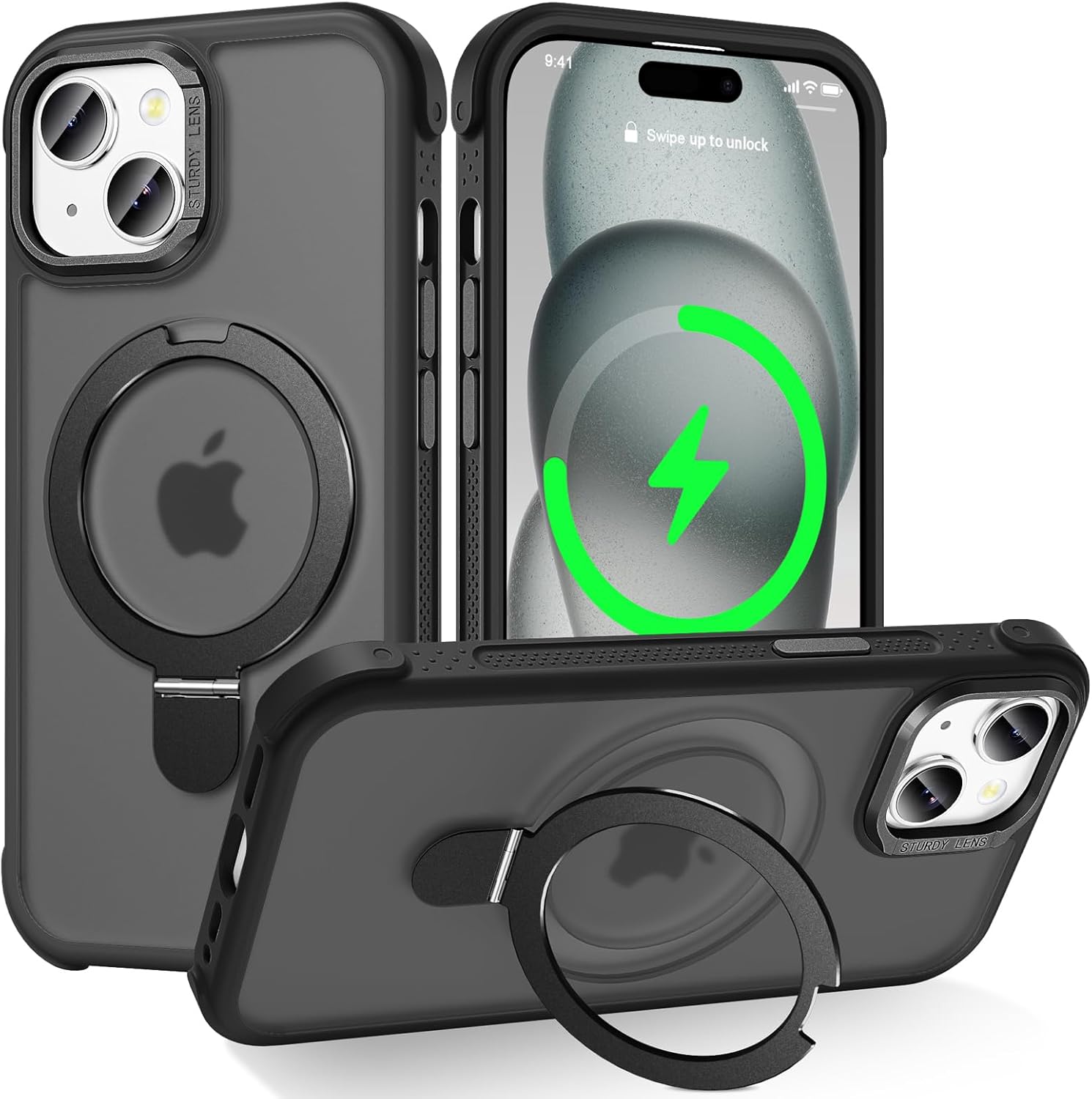 Designed for iPhone 15 Case with Magnetic Stand, [Military Drop Protection][Great Grip Feeling] Matte Translucent Back Slim Shockproof Phone Cover for iPhone 15 6.1", Black