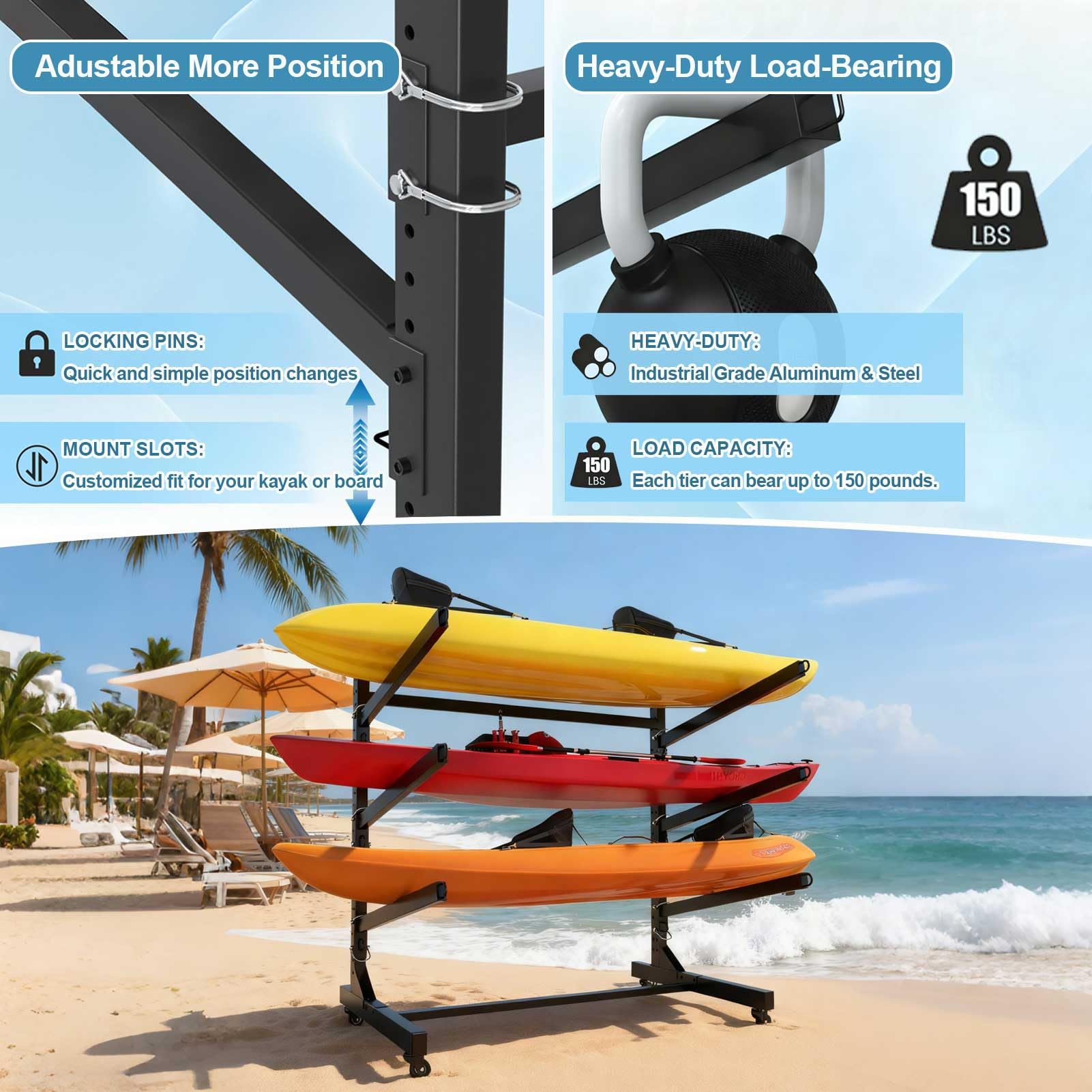 Kajak-Aufbewahrungsgestell mit Rädern, Hochbelastbarer, Verstellbarer, Freistehender SUP-Aufbewahrungsständer, Aufbewahrungsgestell für Kajaks, SUPs, Kanus und Paddleboards,4 Levels for 4 Kayaks