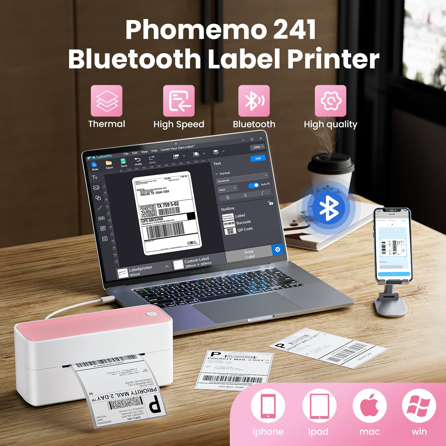 Memoqueen Bluetooth Shipping Thermal Label Printer 4X6 Wireless Pink Label Printer for Small Business & Packages, Compatible with iPhone, USPS, Etsy