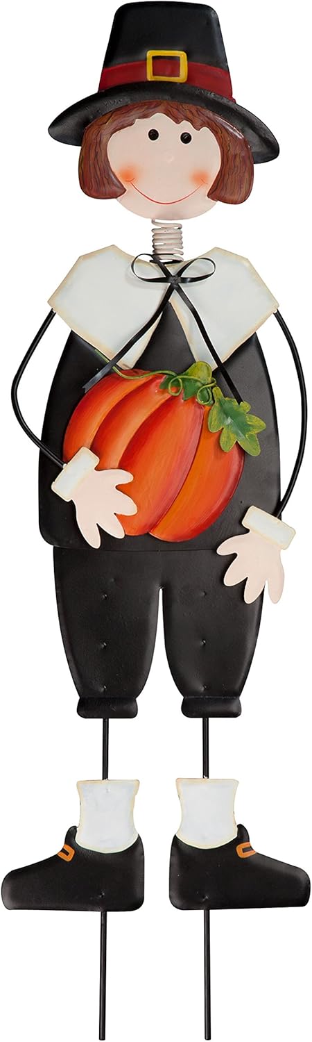 Miles Kimball Pilgrim Boy and Girl Metal Lawn Stakes Set by Maple Lane Creations, Thanksgiving Yard Décor
