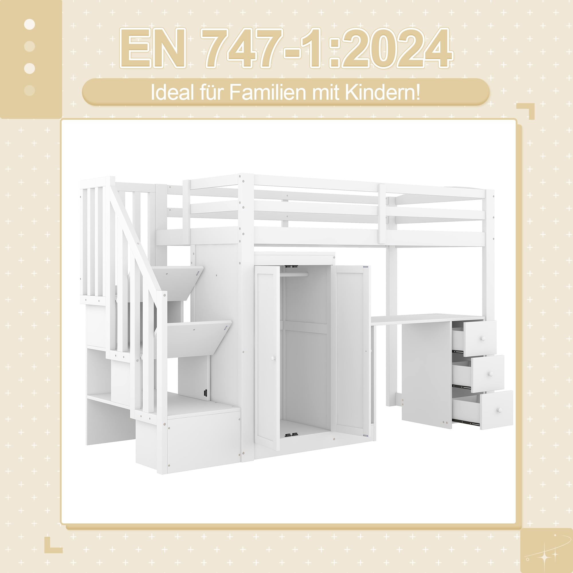 Gegtuon Kinderbett Bett 90x200 für Kinder mit Schreibtisch und Kleiderschrank, Hochbett Hausbett mit Stauraum Schubladen und Treppe, Bettgestell mit Lattenrost und Rausfallschutz, ohne Matratze, Weiß