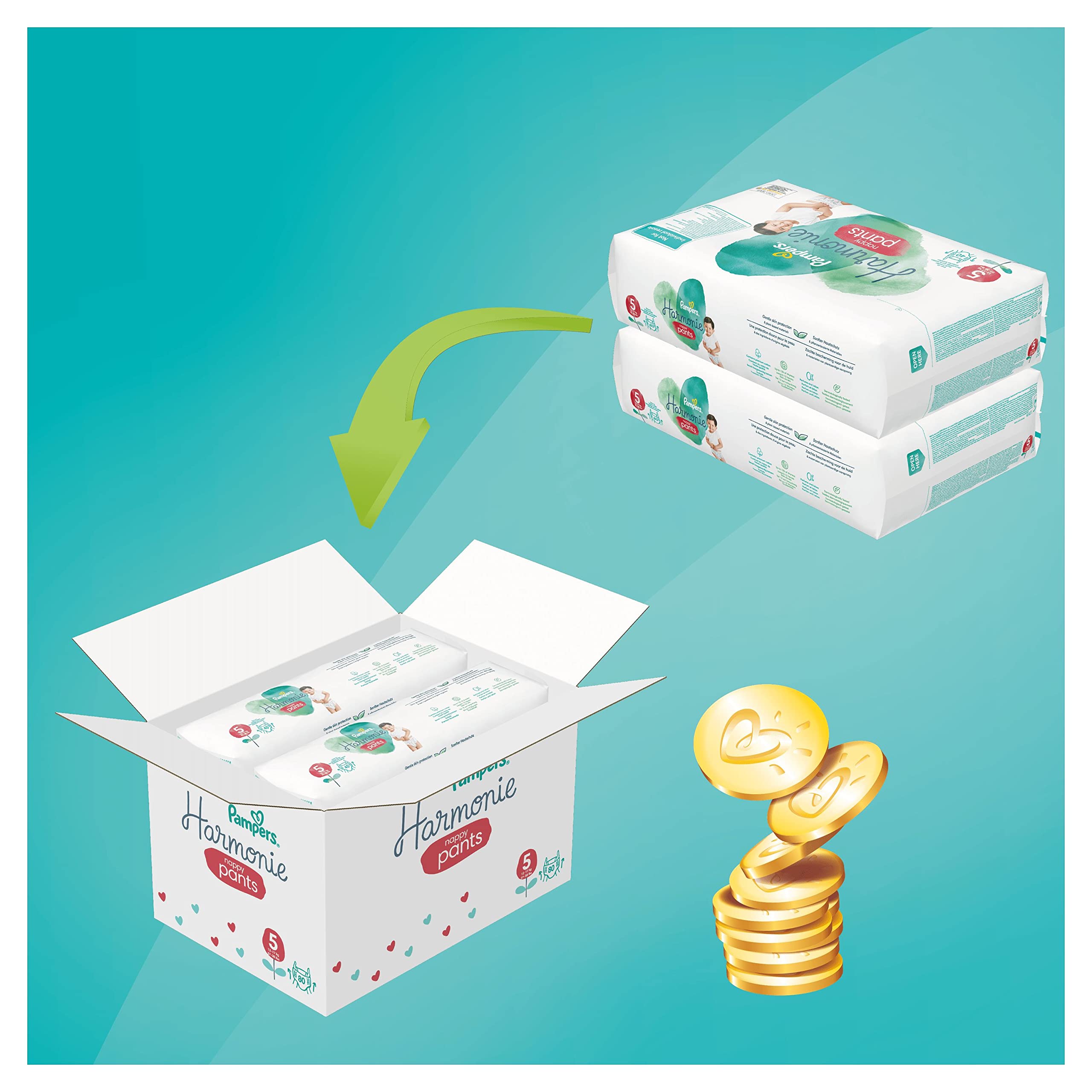 Pampers Couches-Culottes Taille 5 (12-17 kg), Harmonie, 80 Couches-Culottes Bébé, Multi Pack, 0% de compromis, 100% d'absorption, Ingrédients d'origine végétale, Hypoallergéniques