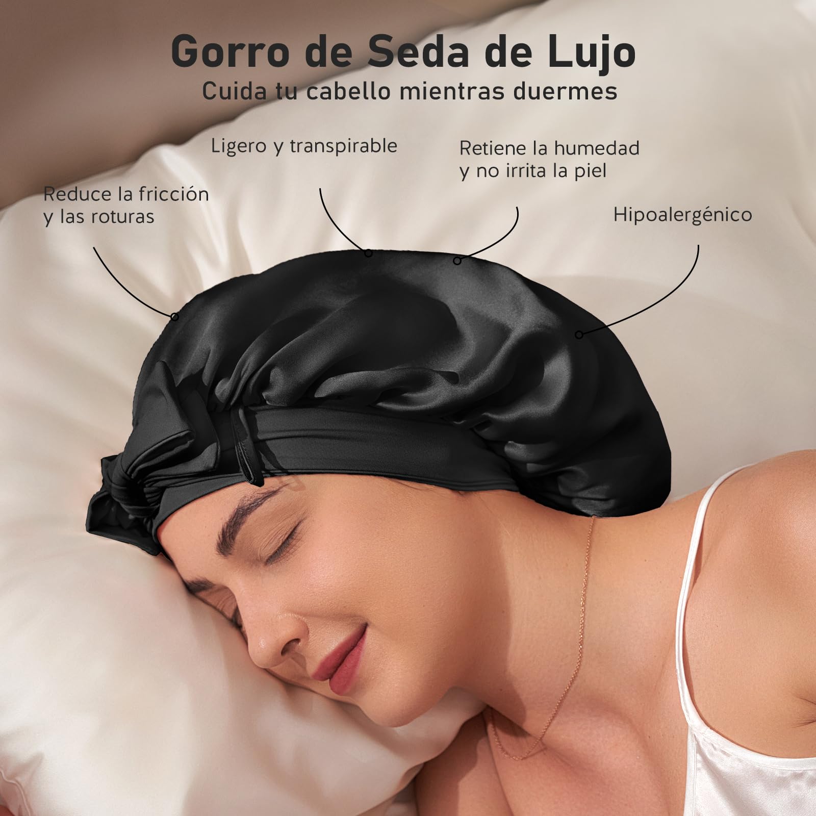 LitBear Gorro de Dormir 100% Seda de Morera para Mujer, 6A 22 Momme, Gran Envoltura de Doble Capa con Banda de Anudación, Turbante Antideslizante, Incluye Coletero