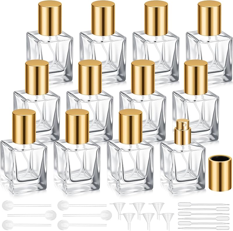 Teenyyou 12 Frascos Quadrados Recarregáveis para Perfume, 30 mL, Tampa Dourada