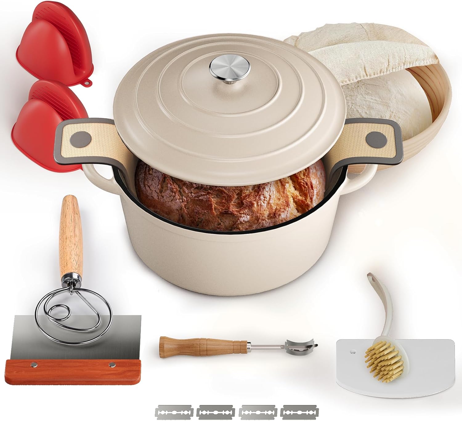 Cast Iron Dutch Oven for Bread Baking, With Banneton Bread Proofing Basket & Sourdough Baking Supplies, 5QT Multi-Functional Enameled Dutch Oven Pot with Lid, Cast Iron Bread Pan, White