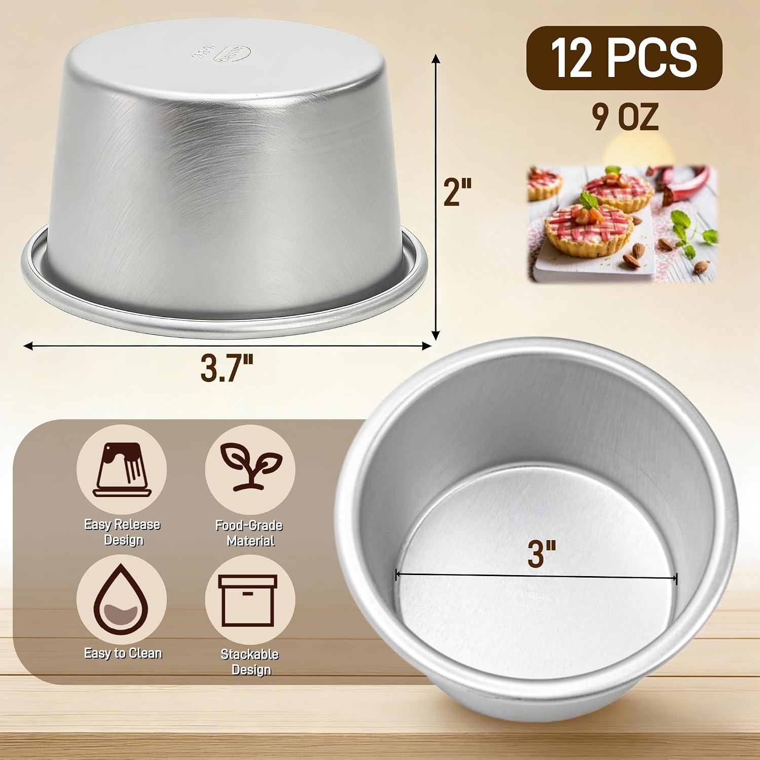 12 Pack Mini Flan Molds, Aluminum Individual Egg Tart Mold, Nonstick Popover Pans, Raspberry Souffle Baking Maker for Brownie, Cake, Home, Party, Bakery