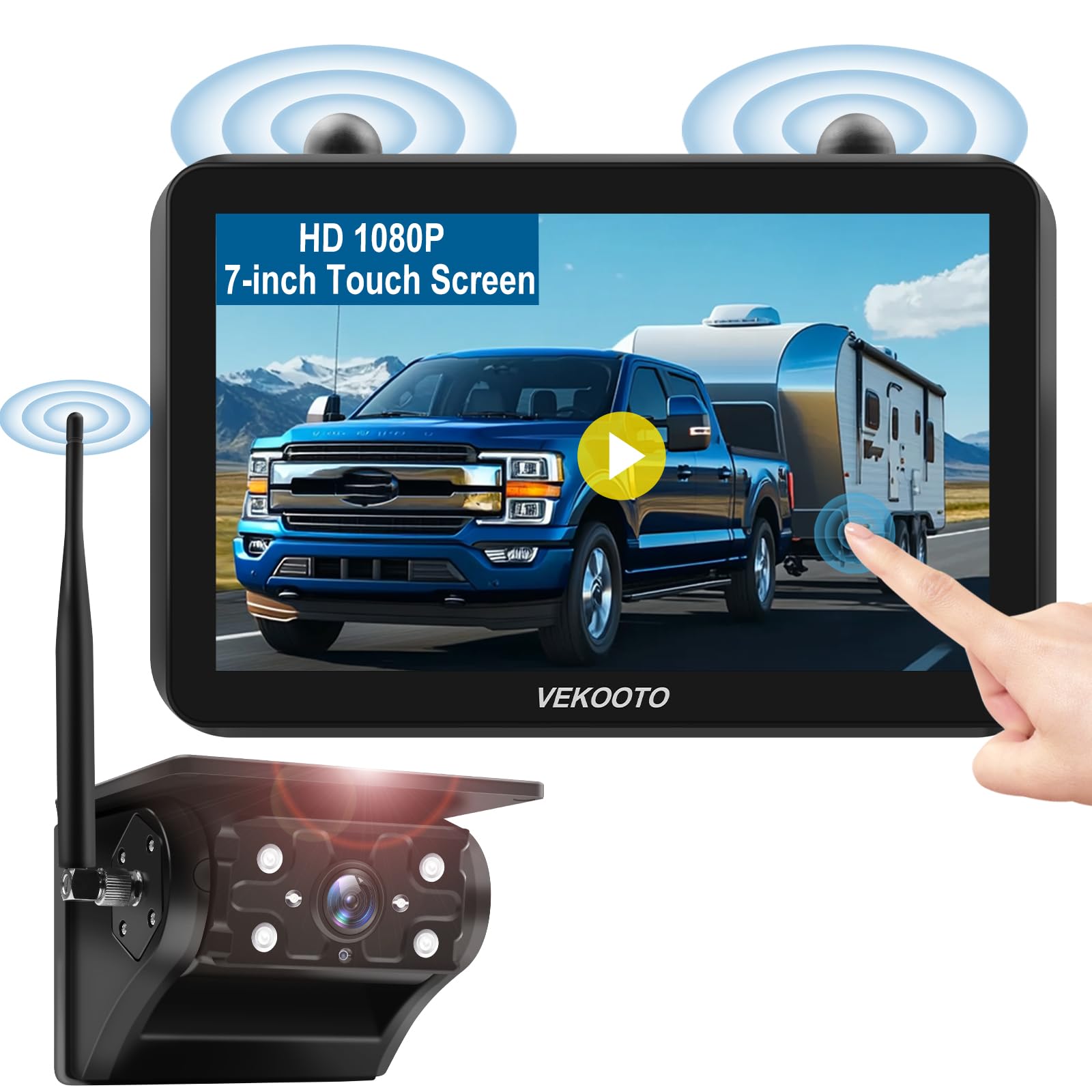 VEKOOTO Magnetic Solar Wireless Backup Camera with 7'' IPS Touchscreen Monitor, Auto Sleep Mode, No Wiring, HD1080P Truck Trailer Hitch Rear View Rechargeable Camera for RV, Trailer, Camper VK7-1