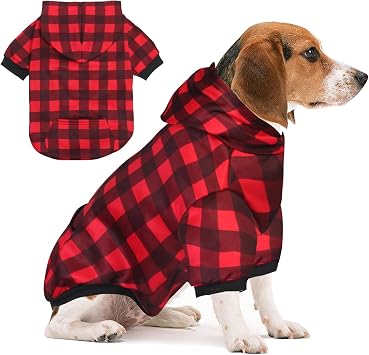 Plaid Dog Sweaters Hoodies Sweatshirts for Dogs Cats, Warm and Soft Cold Weater Coats for Christmas Red, Medium