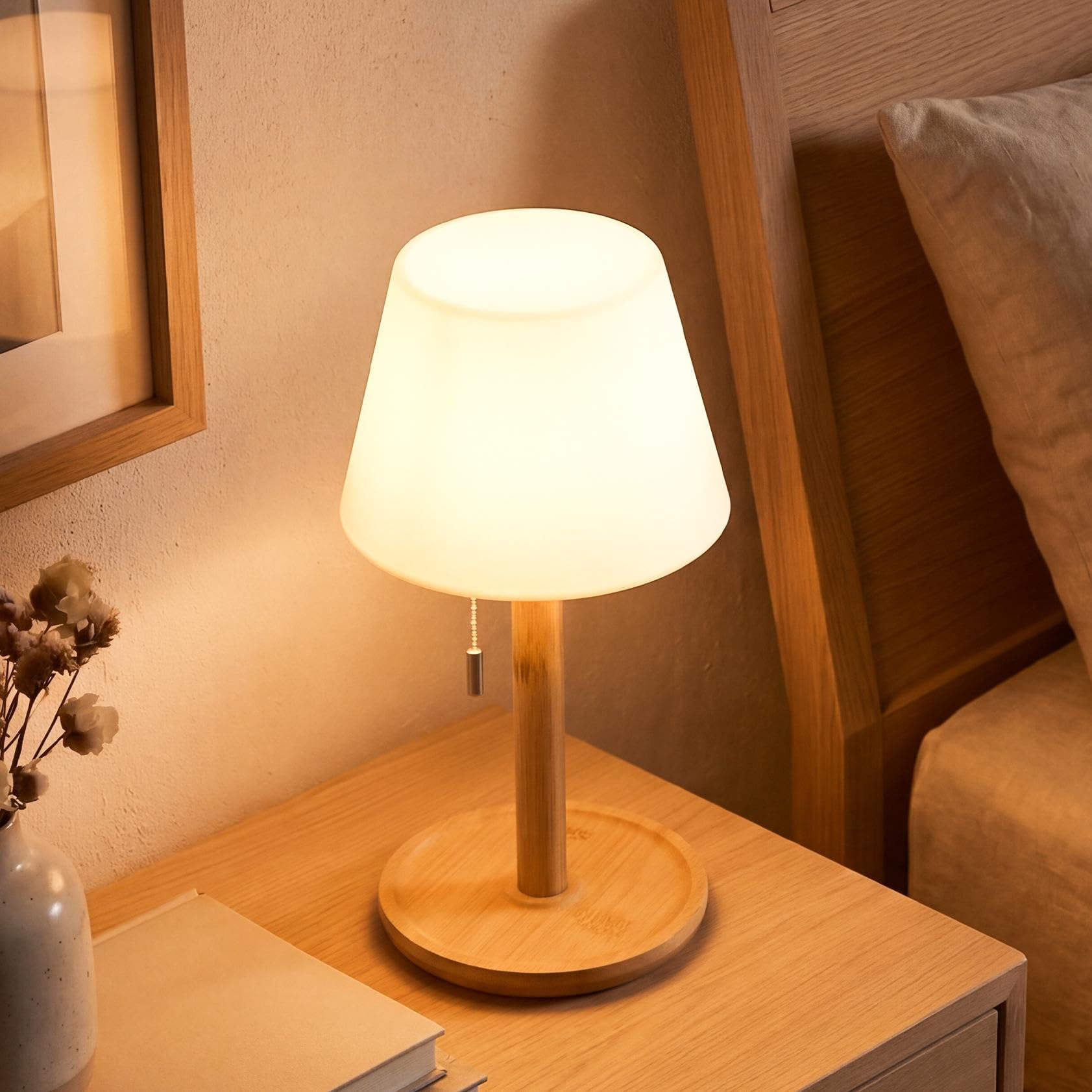 LuminexDesigns Rechargeable LED Table Lamp– Cordless Bamboo Bedside Lamp Boho with Pull- Chain Switch for 3000K-6000K,Waterproof Cozy Ambient Lighting for Bedroom Dining Patio Cafes Outdoor-BAMO TL10