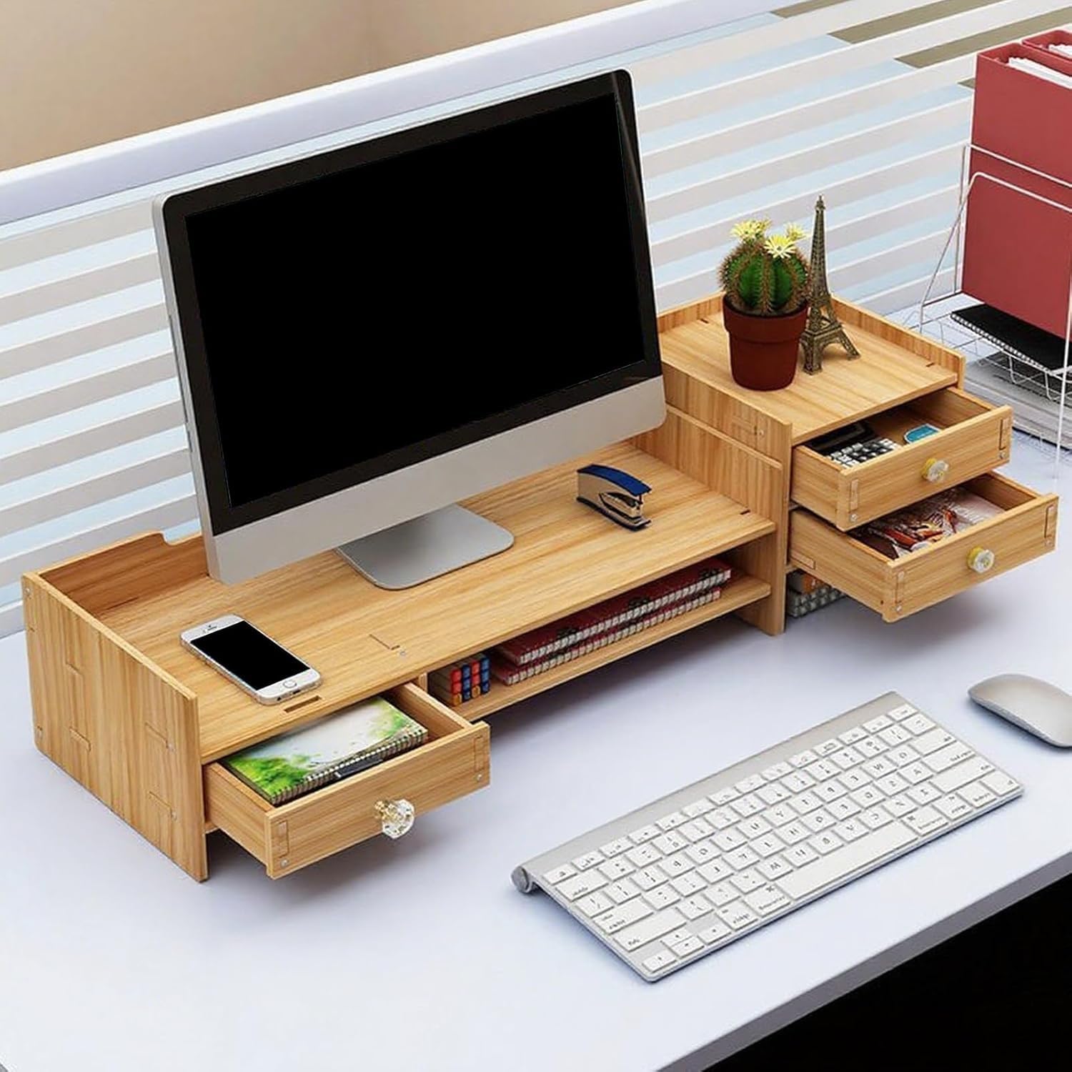 Riser for monitor - Riser for computer con spazio di archiviazione | Scaffale in legno Accessori for ufficio domestico PC Laptop Stampante Materiale scolastico Organizzazione e(Natural wood colour)