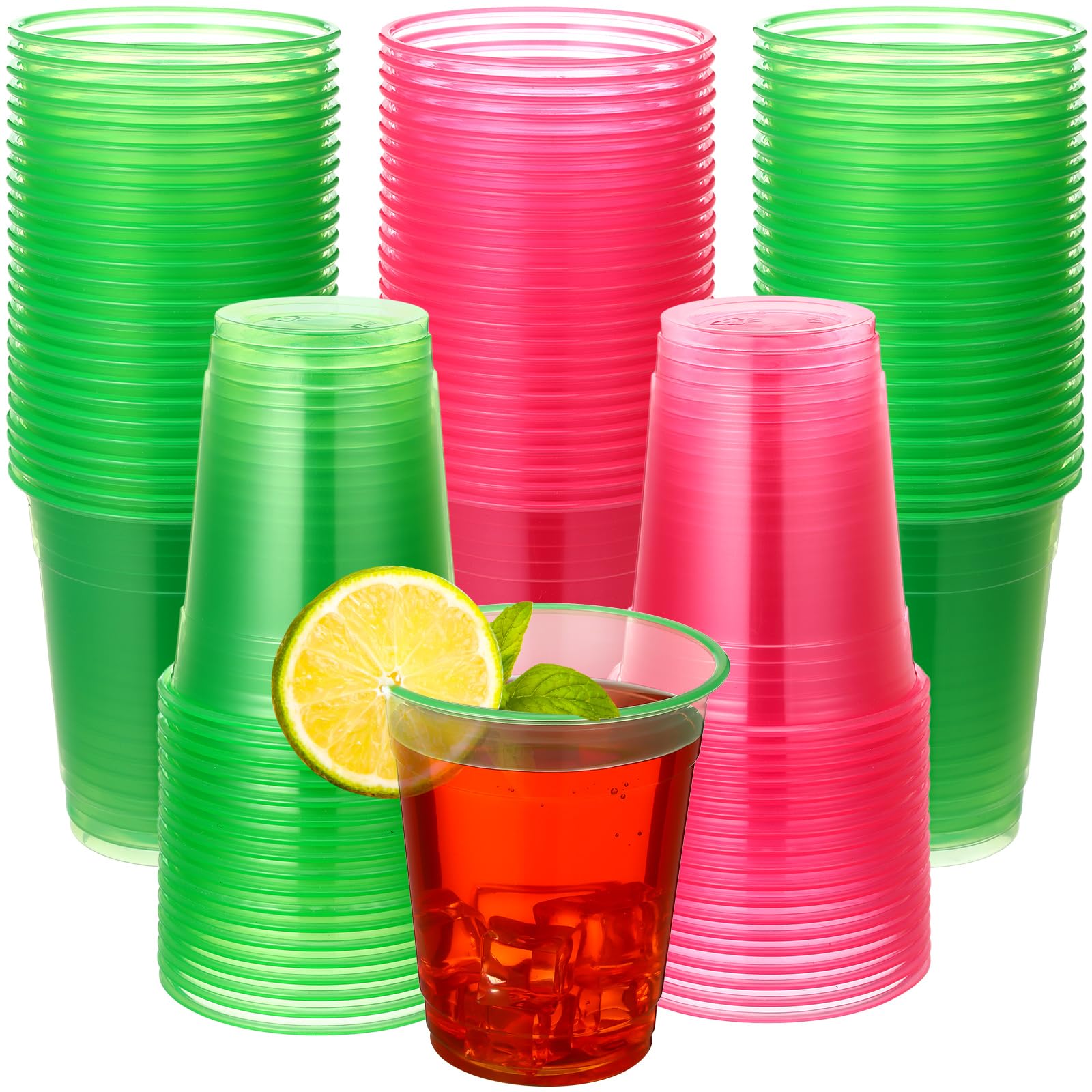 Jingmore 100 Pcs Glow in the Dark Cups 12 oz Neon Glowing Plastic Party Cups Rave Party Favor Pink Green Disposable Drinking Supplies for Carnivals