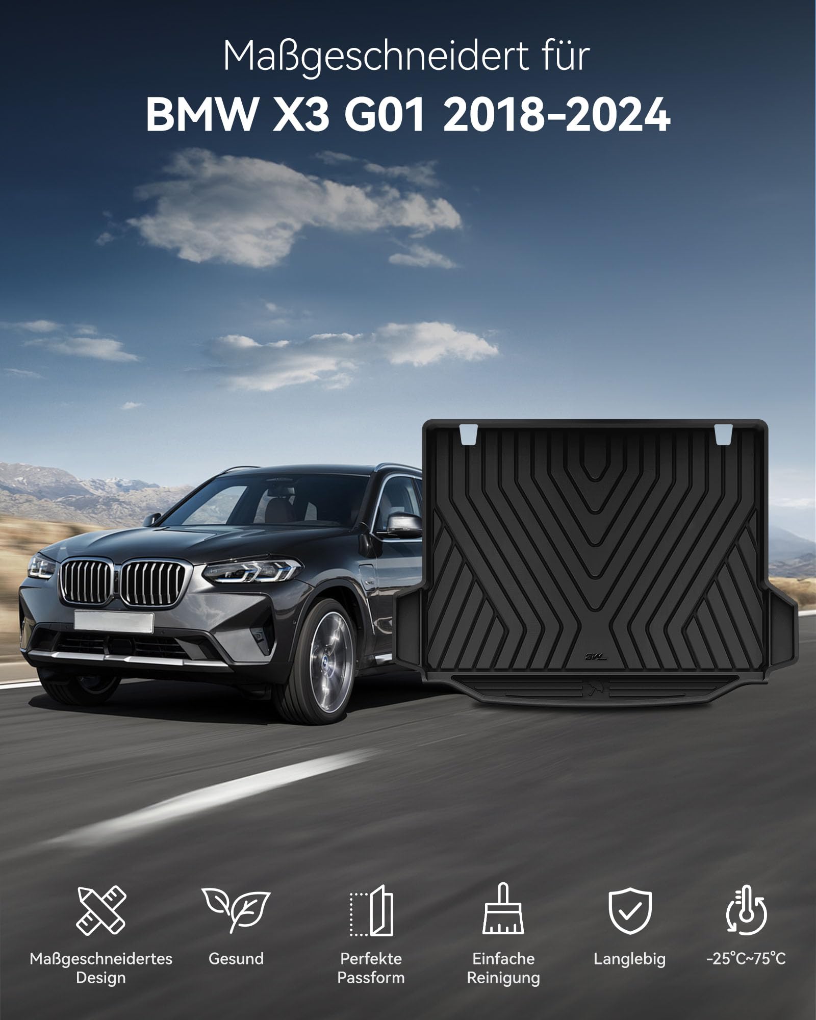3W Kofferraumwanne für BMW X3 G01 2018-2024, Nicht für PHEV, Thorex™ Allwetter Maßgeschneiderte Kofferraummatte Komplettset BMW X3 Auto Kofferraum Zubehör, Wasserabweisend & Pflegeleicht