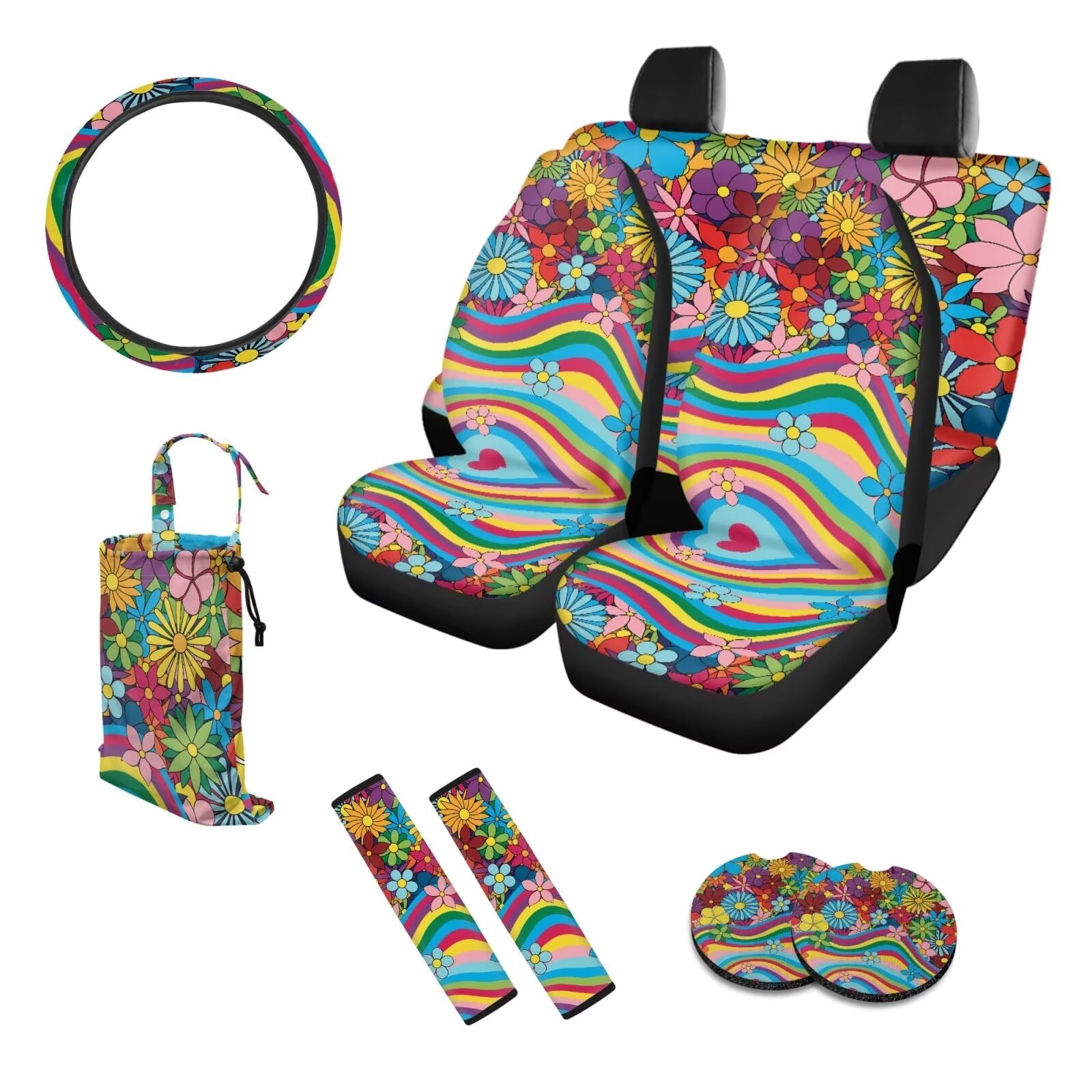 Juego completo de fundas para asientos de coche 70S Floral, juego de 10 con estampado de ondas arcoíris hippie, funda para volante, bolsa de basura