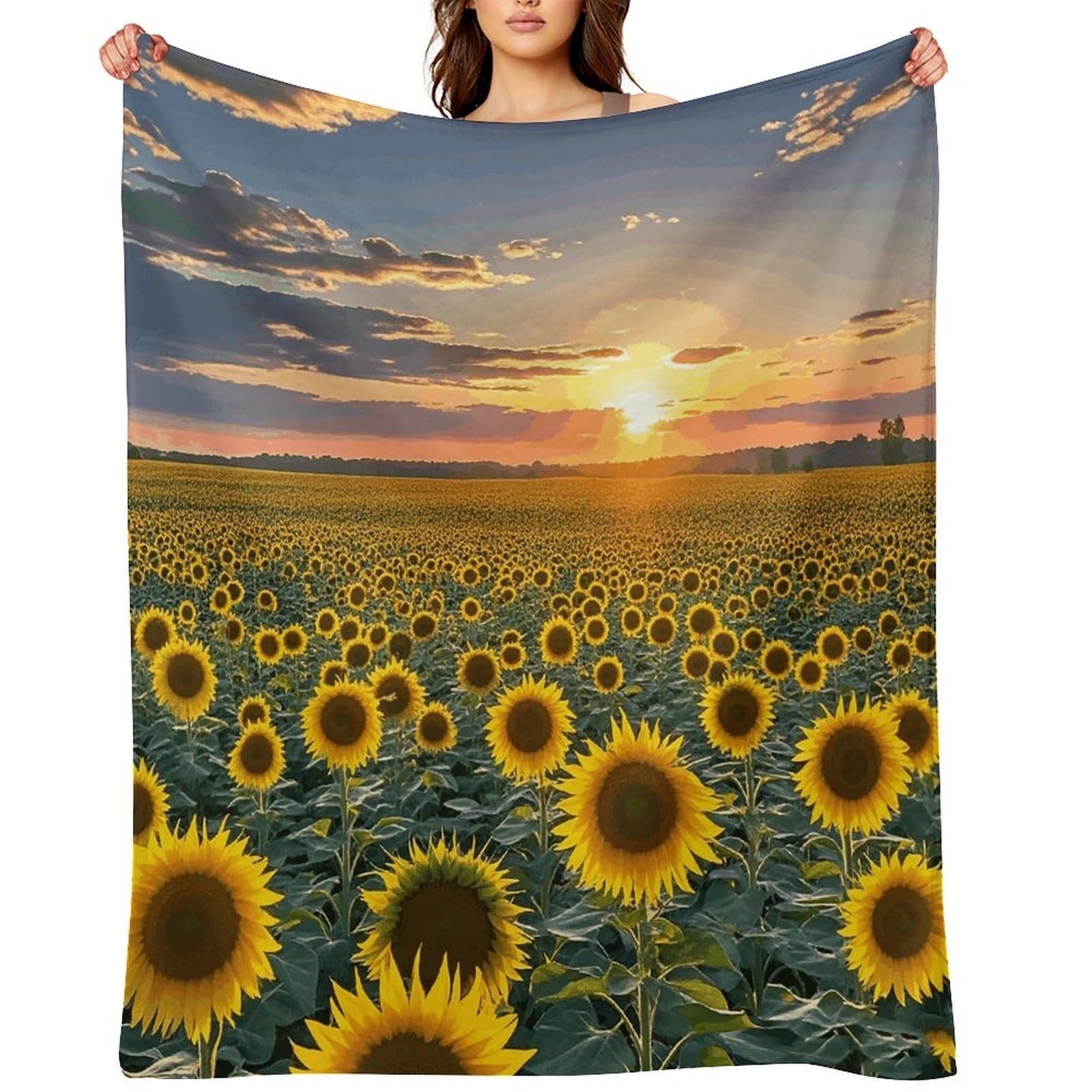 Dreamlike Sunset of A Sunflower Field Throw Blanket for Couch and Bed Super Soft Warm Lightweight Throw Blankets Cozy Fuzzy Flannel Blanket Personalized Decorative Blankets for Sofa Decor 60"x80"