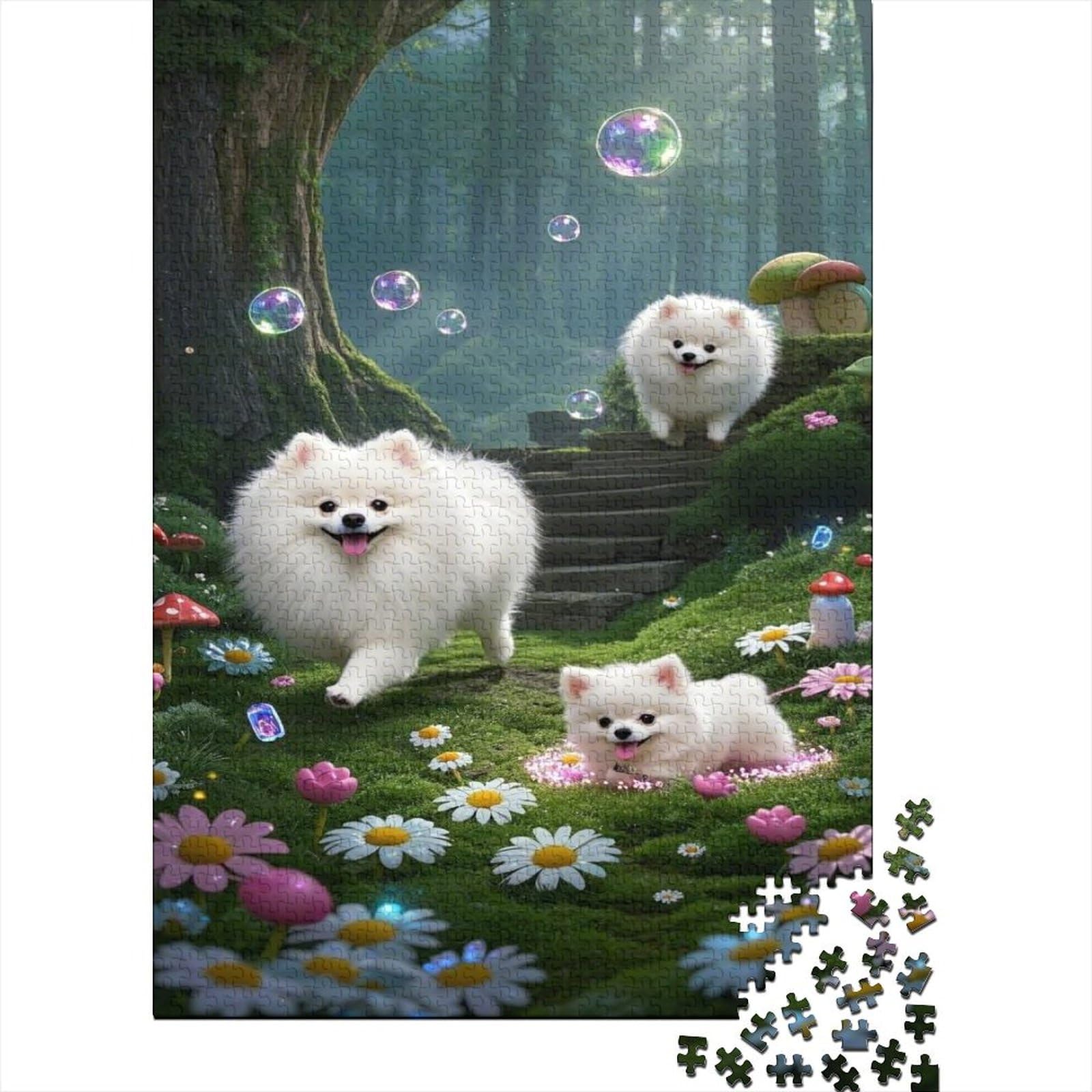 Puzzle Pomeranian Puppy 1000 Piece Challenge Toy for Adults, Flower Elements Impossible Jigsaw Puzzles 1000 Piece Educational Game Puzzle Gifts 1000pcs (75x50cm)