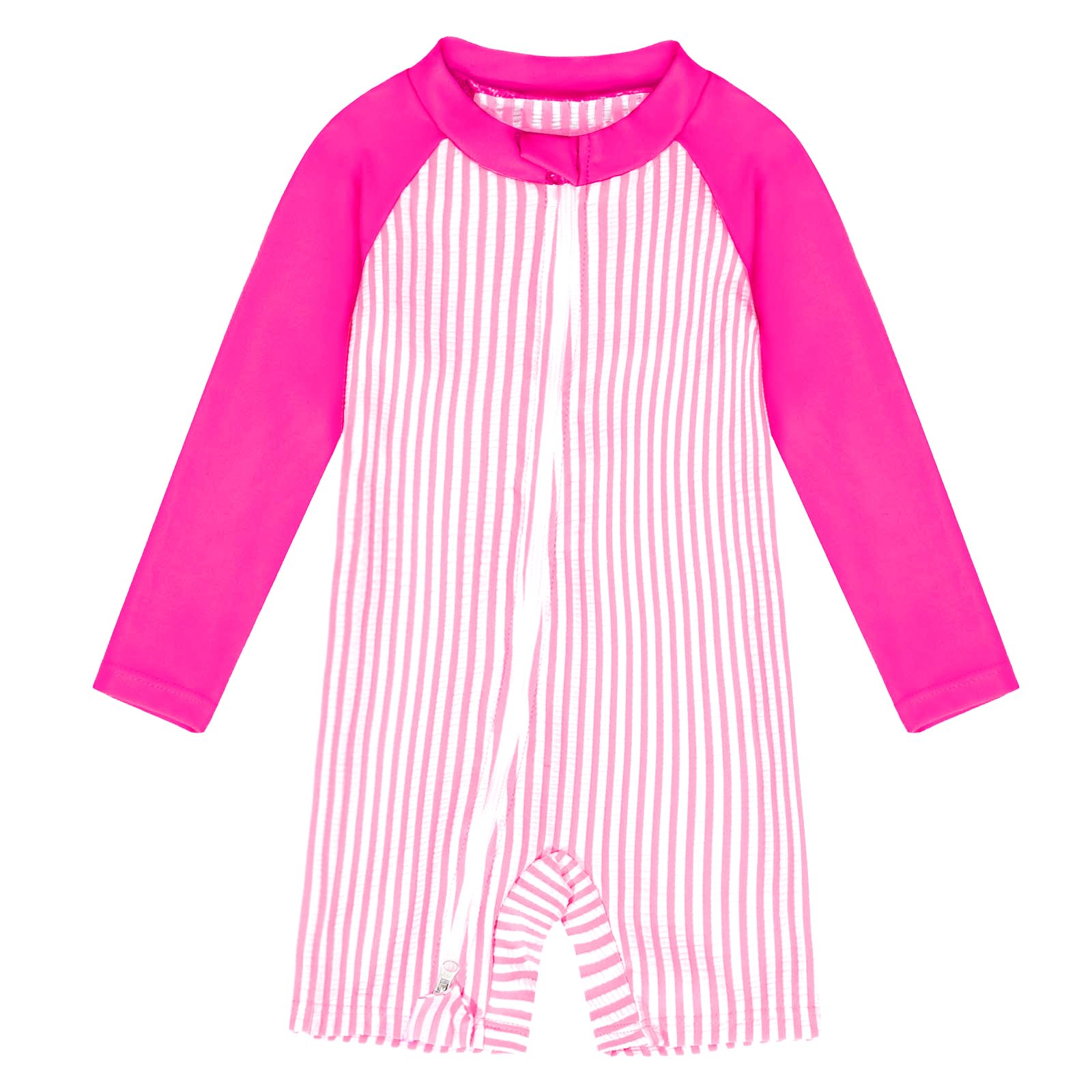 Toddler Baby Girl Swimsuit 2-Way Zipper One Piece Bathing Suit Long Sleeve Rash Guard Striped Seersucker Swimwear