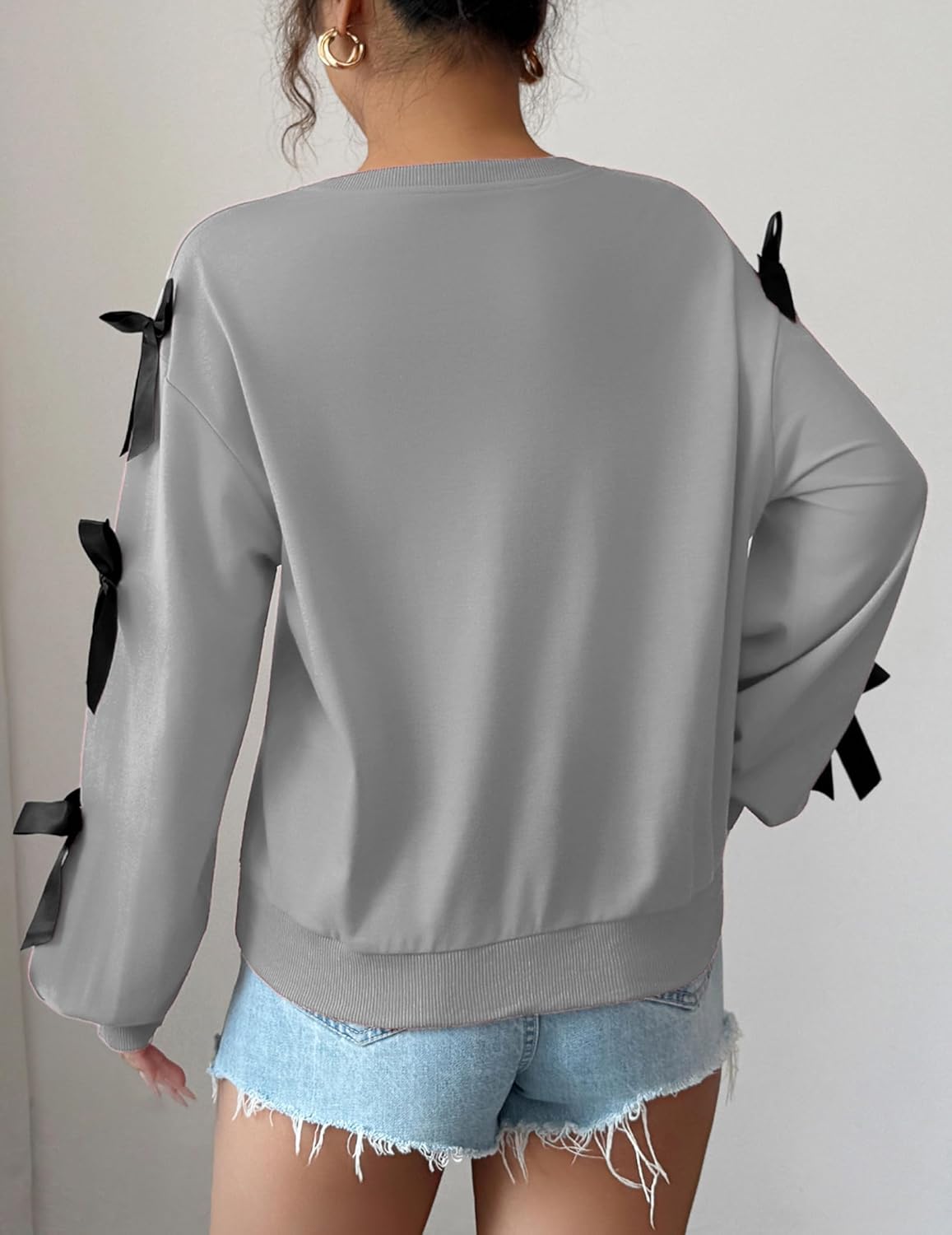 Womens Bow Lightweight Sweatshirt Oversized Crew Neck Comfy Long Sleeve Casual Loose Pullover Top Y2K Clothes - Image 5