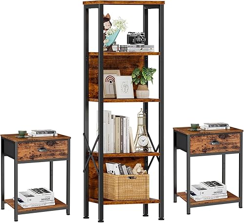 Furologee Juego de 2 estanterías y mesitas de noche, estantería alta y estrecha con respaldo, mesa auxiliar industrial con cajón de tela, estantes