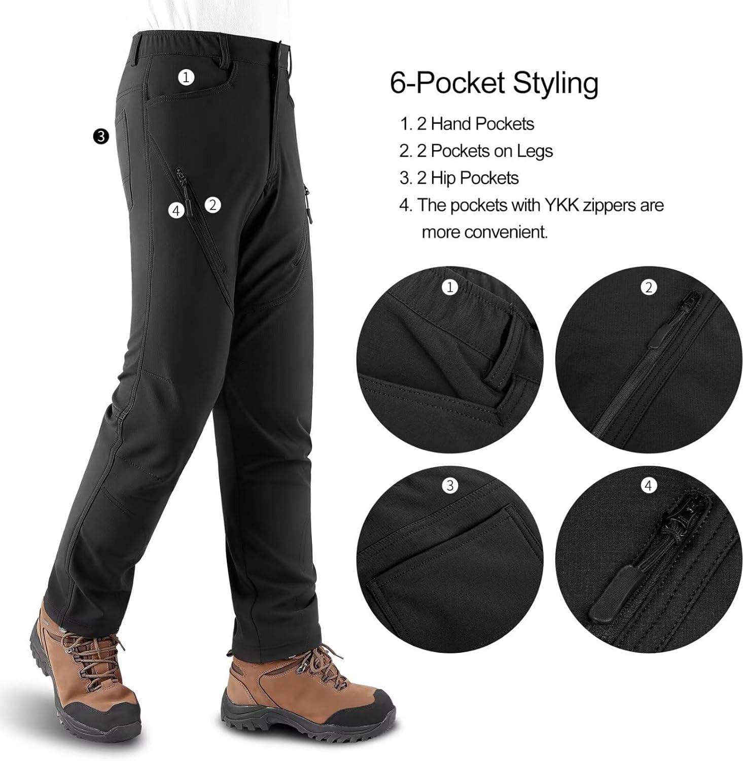 KUTOOK Men's Hiking Pants Softshell Ski Snow Pants Thermal Fleece Lined Water Resistant Outdoor Trousers with 6 Pockets - Image 2