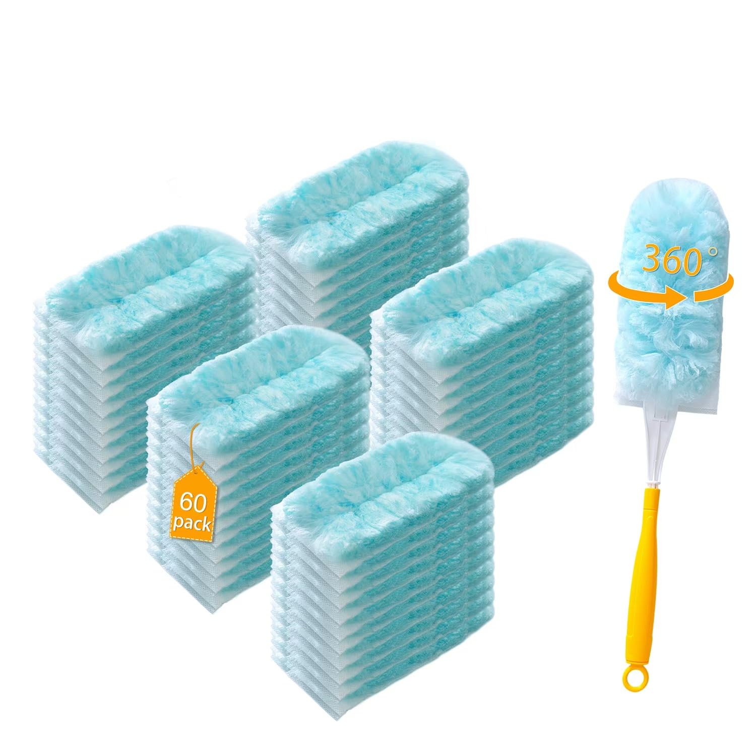 60 Count Disposable Dusters Refills, 360° Heavy Duty Duster Refills Compatible with Swiffer Duster Refills (60 Count Duster Refill +2 Handle)