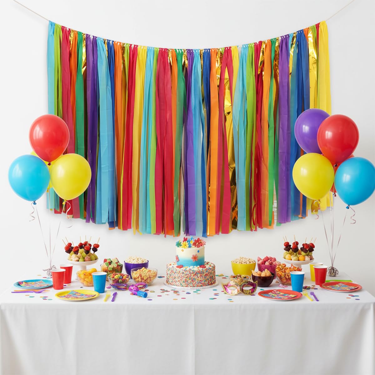 PapaKit 5ft Extra Large Colorful Streamer Fringe Party Backdrop 5ft | Ready to Hang | Vibrant Festive Rain Curtains for Birthday, Fiesta Party