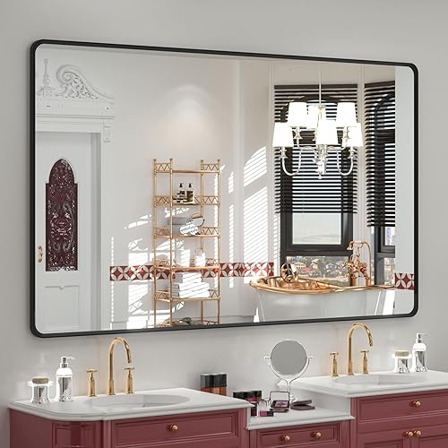 Miniatura 42 de OKPAL Espejo de Baño con Marco de Metal Negro de 40 x 36 Pulgadas para Pared, Espejo de Tocador de Baño Negro Mate, Espejo Rectangular Redondeado