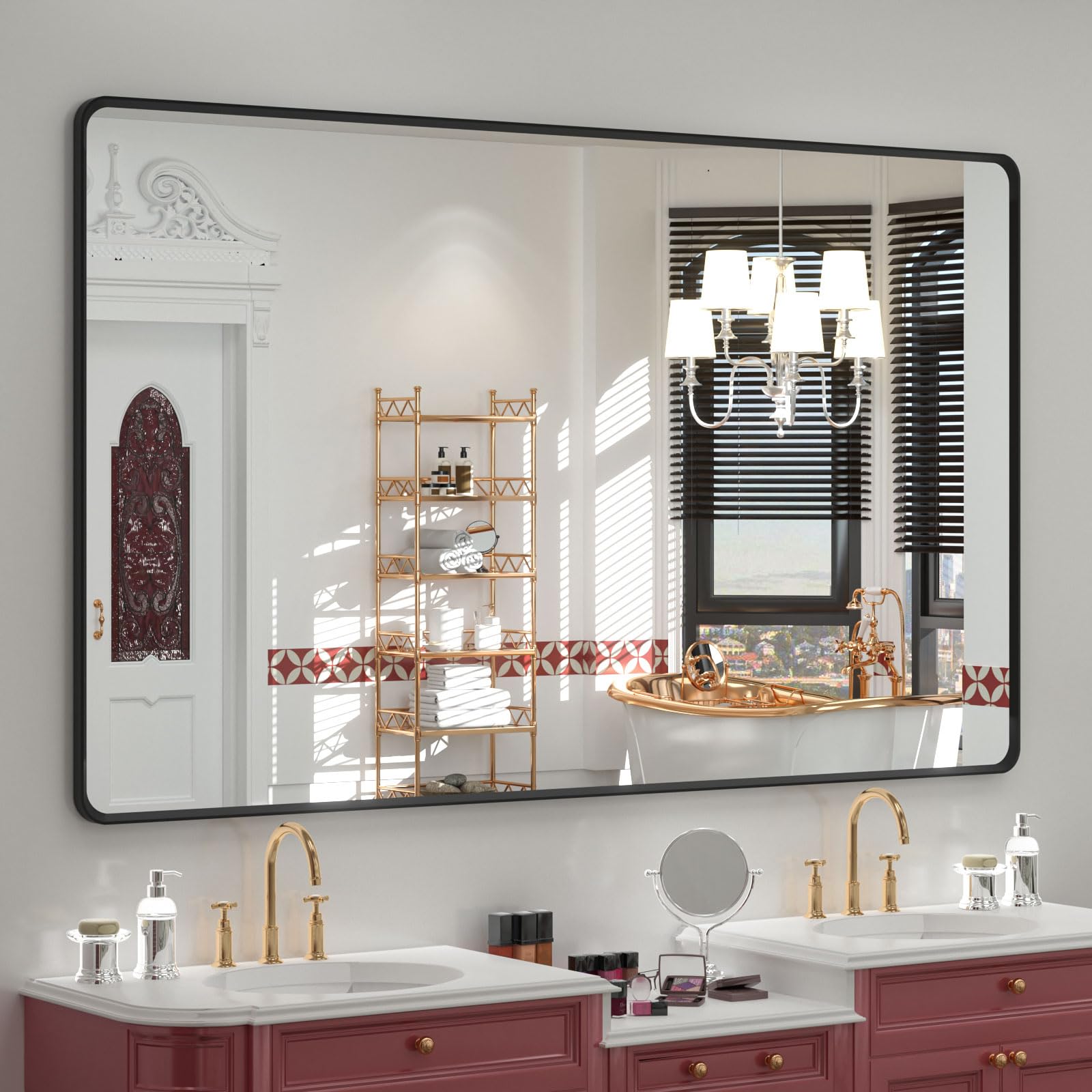 Photo 1 of OKPAL 66X40 Inch Black Bathroom Mirror for Wall, Bathroom Vanity Frame Mirror, Matte Black Rectangle Mirror, Round Corner, Rustproof, Shatter-Proof (Horizontal/Vertical)