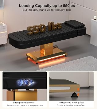 Paddie Luxury Heated Fully Electric Esthetician Bed, 550lbs Lash Massage Table with LED Lights, Motorized Height & Angle Adjustable for Spa & Treatment, Length Adjustable, Black