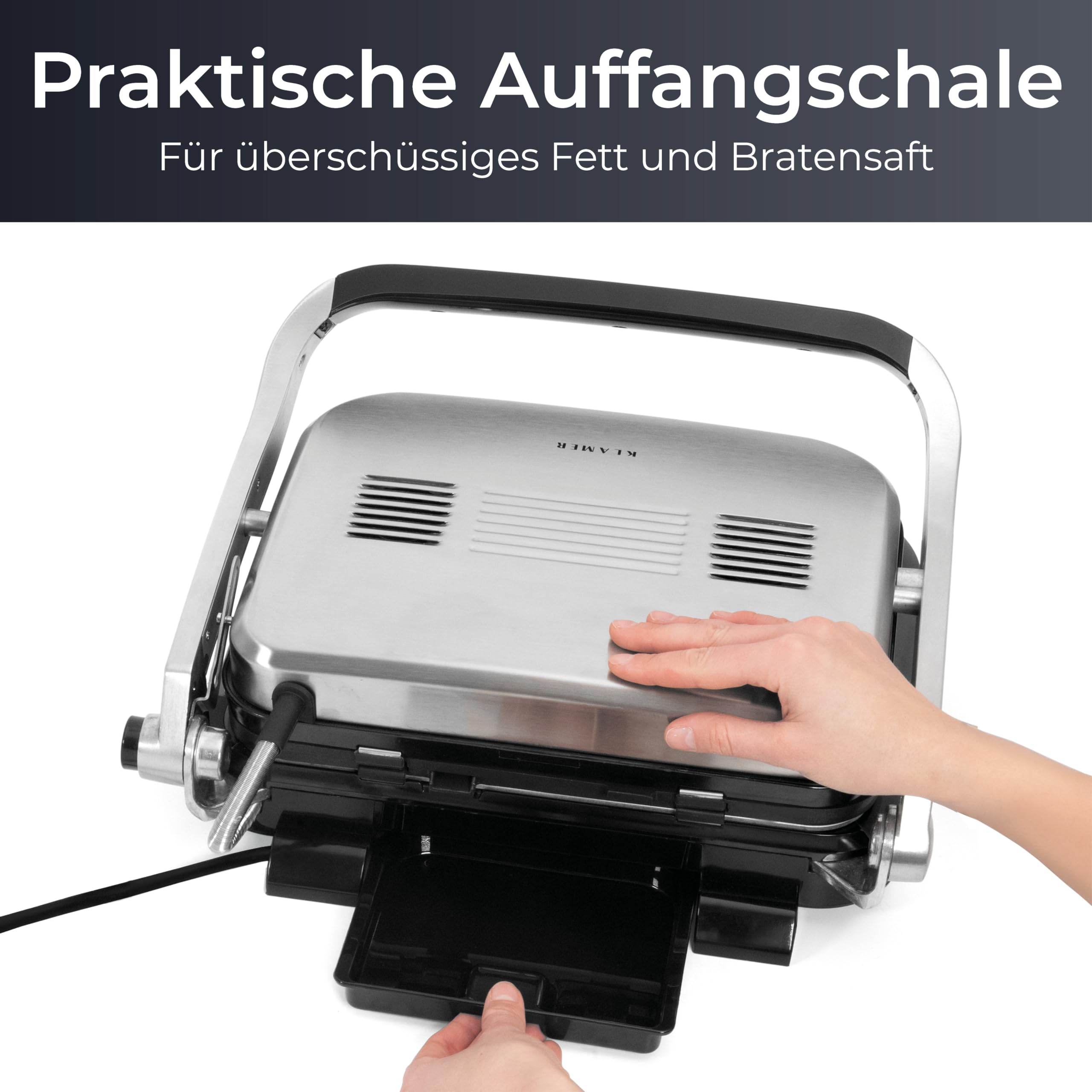 KLAMER Kontaktgrill 2100 W – elektrischer Tischgrill mit 7 Automatikprogrammen, abnehmbaren Platten, Antihaftbeschichtung, einstellbarer Temperatur 70–230 °C, Cool-Touch-Griff, Edelstahl & Schwarz
