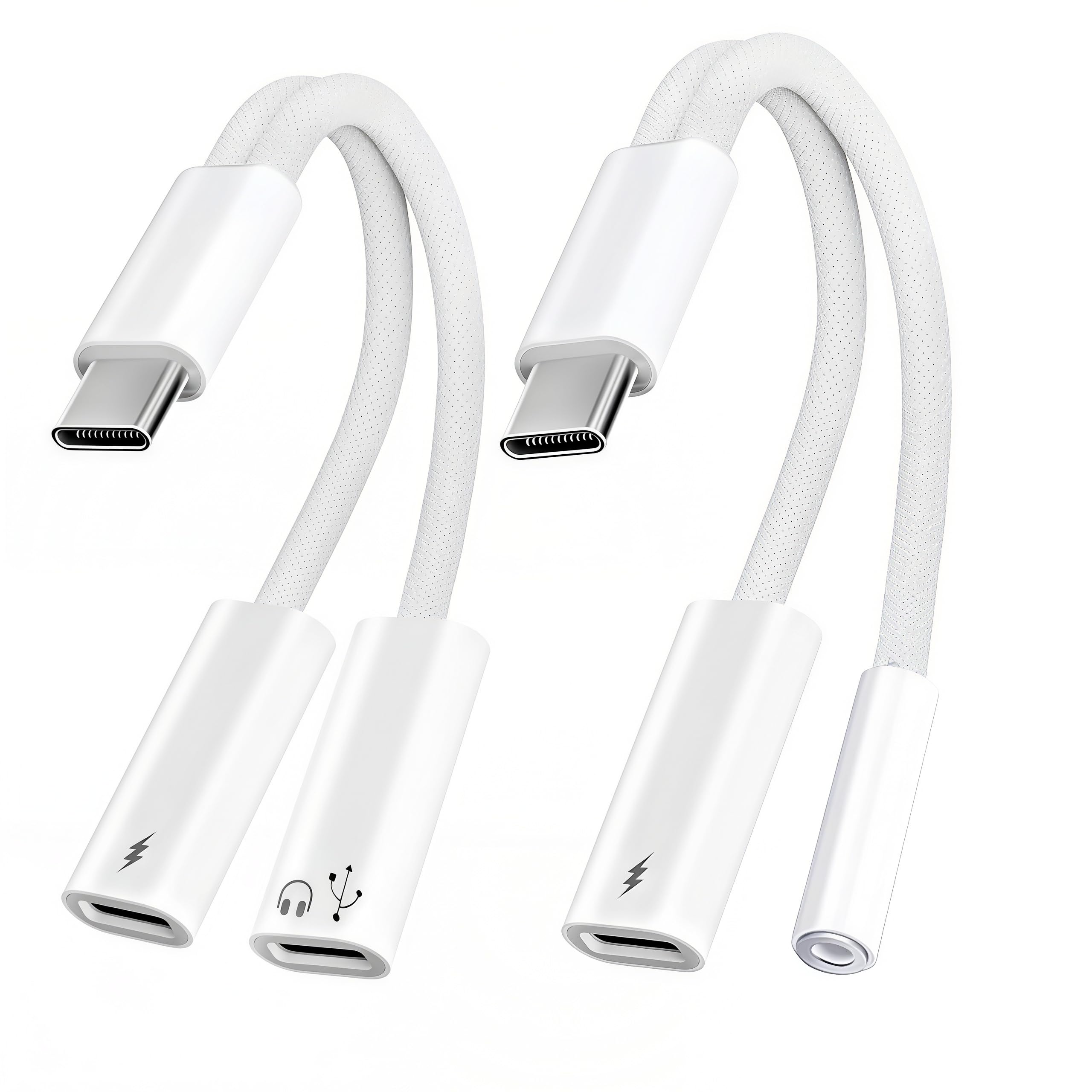 Rozdzielacz USB 2 w 1 AUX i pakiet ładowania [rozdzielacz USB-c i USB C do gniazda i ładowarki 3,5 mm], szybkie ładowanie PD 60 W i Hi-Fi, do iPhone'a 15, 16, 17/iPad Pro/Galaxy