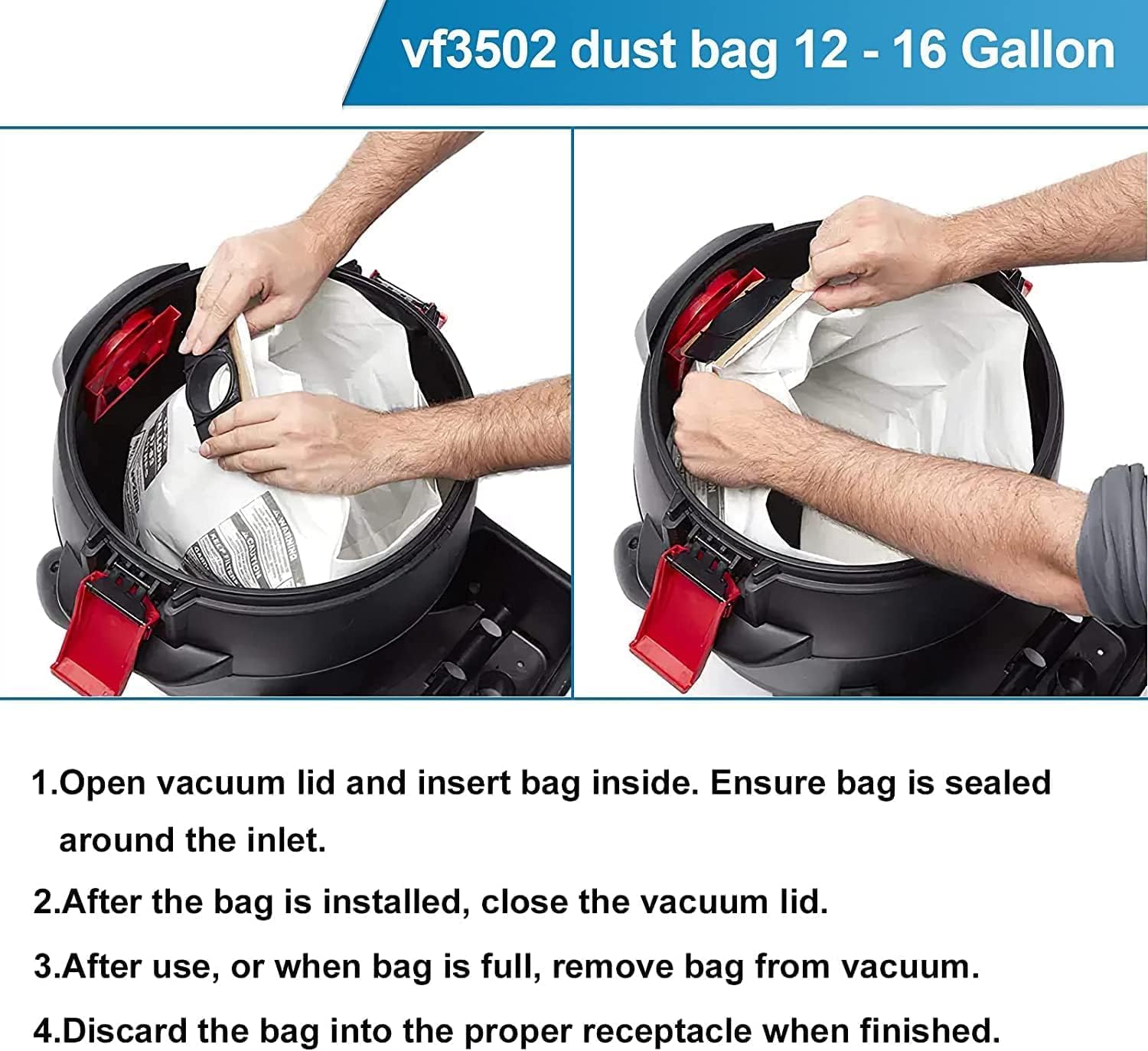 12 Pack VF3502 Shop Vac Bags, Compatible with Ridgid & Craftsman Vacuum 12-16 Gallon, Replacement Fiter Bags, 23743 VF3502 High Efficiency Dust Bags