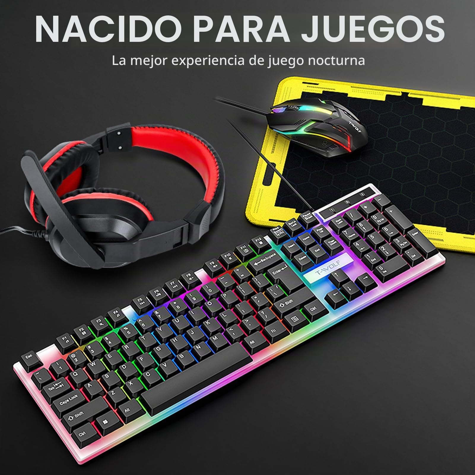 docooler Auriculares de juego con teclado y ratón combinados con alfombrilla para ratón, auriculares para juegos 1000 con ratón retroiluminado de colores de alta velocidad de movimiento con micrófono